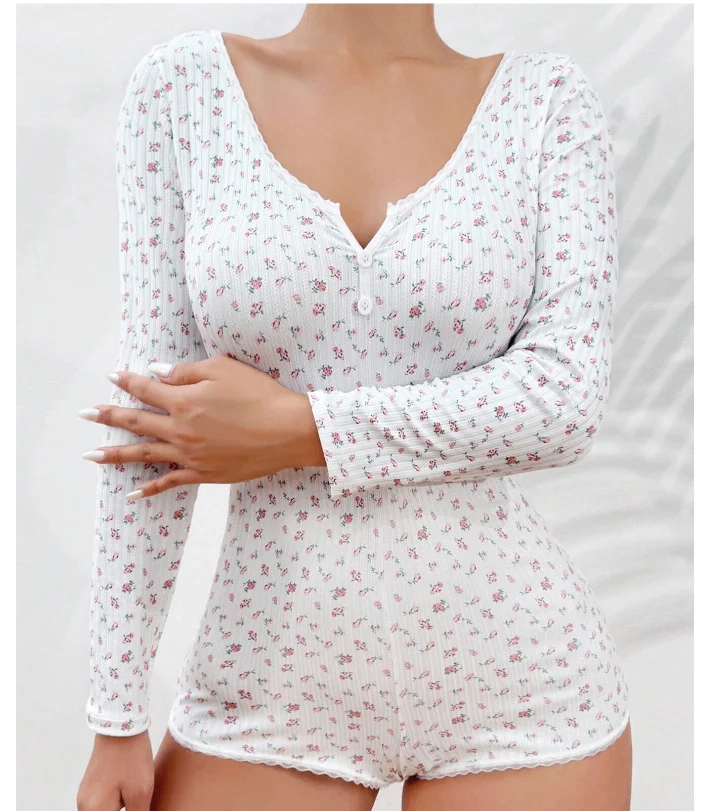 Buttoned Half-Placket Floral Romper Pajamas Long Sleeve - photo 4