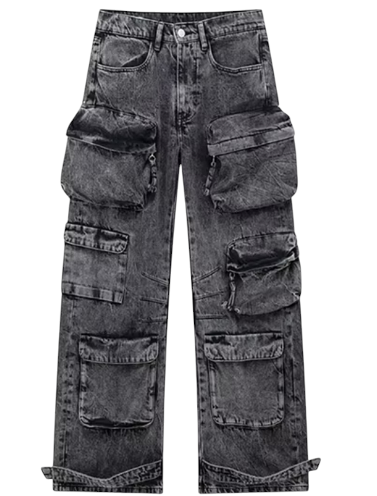 Women & Men Grey Wash Cargo Jeans