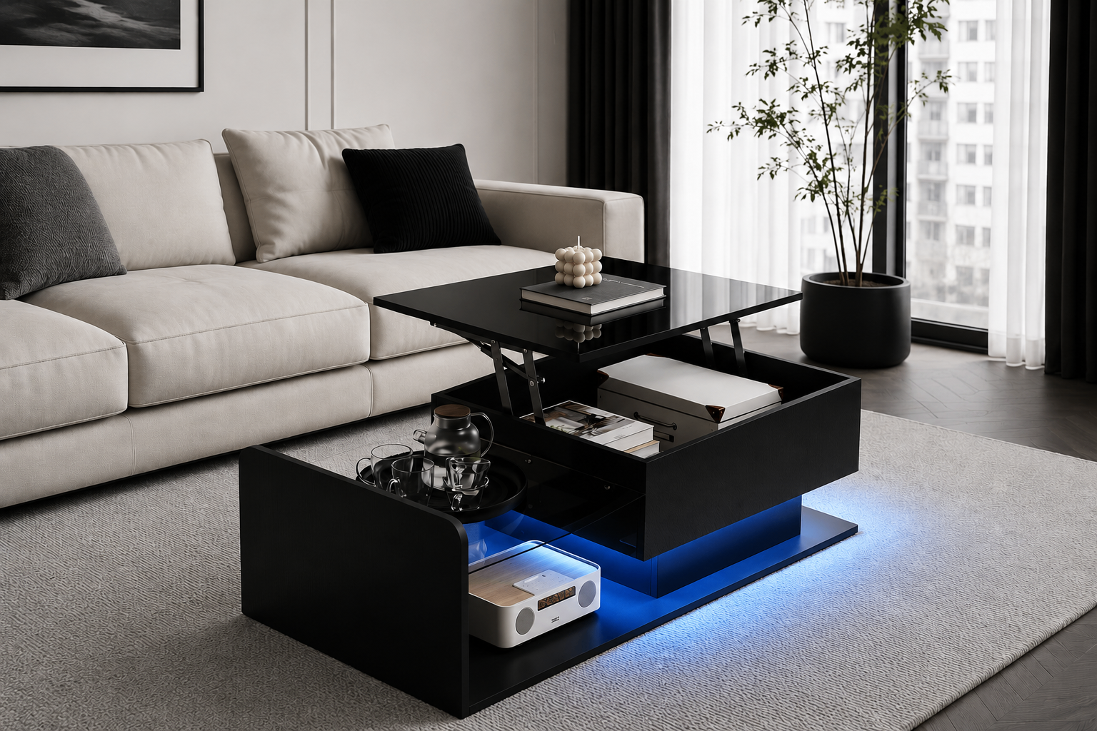 LED Lift-Top Coffee Table with Hidden Storage – Modern White