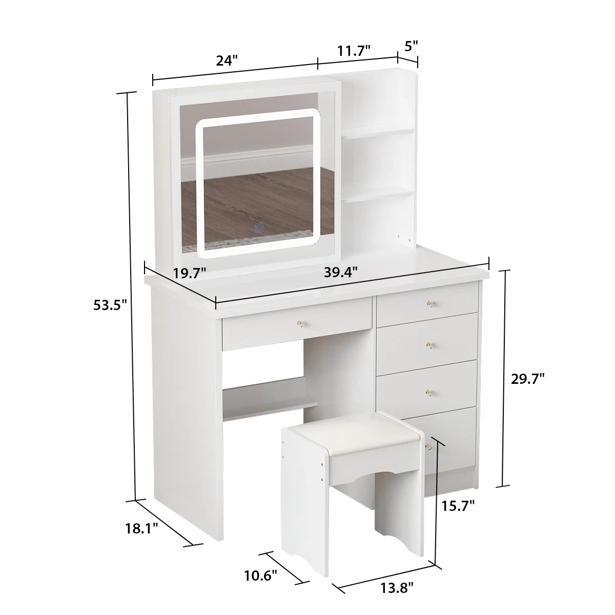Like-New Vanity Set with Sliding Mirror & Lights – 5 Drawers - photo 2