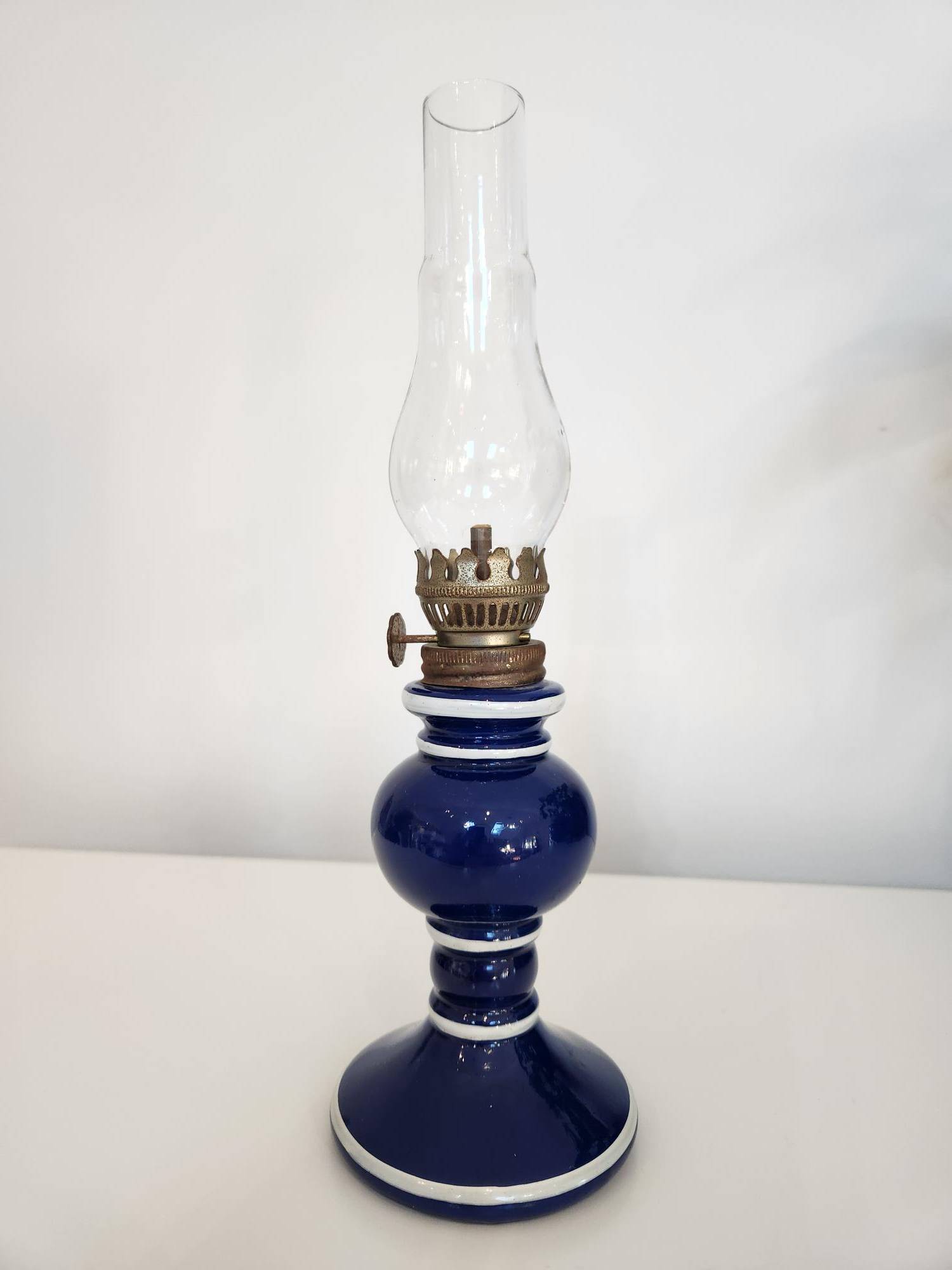 Vintage Japanese Cobalt Blue Ceramic Oil Lamp