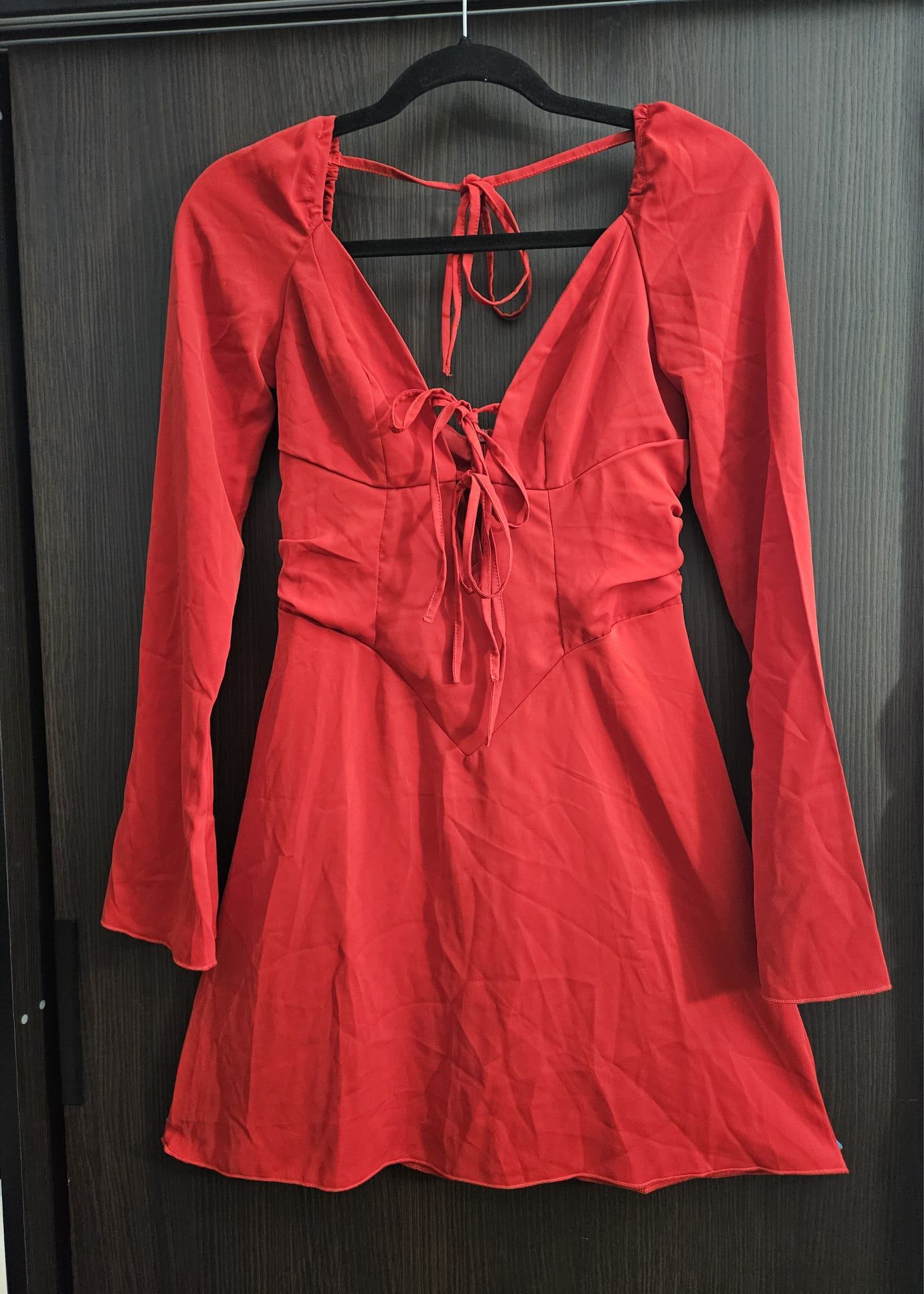 Red Lace Up Long Sleeve Flare Mini Dress