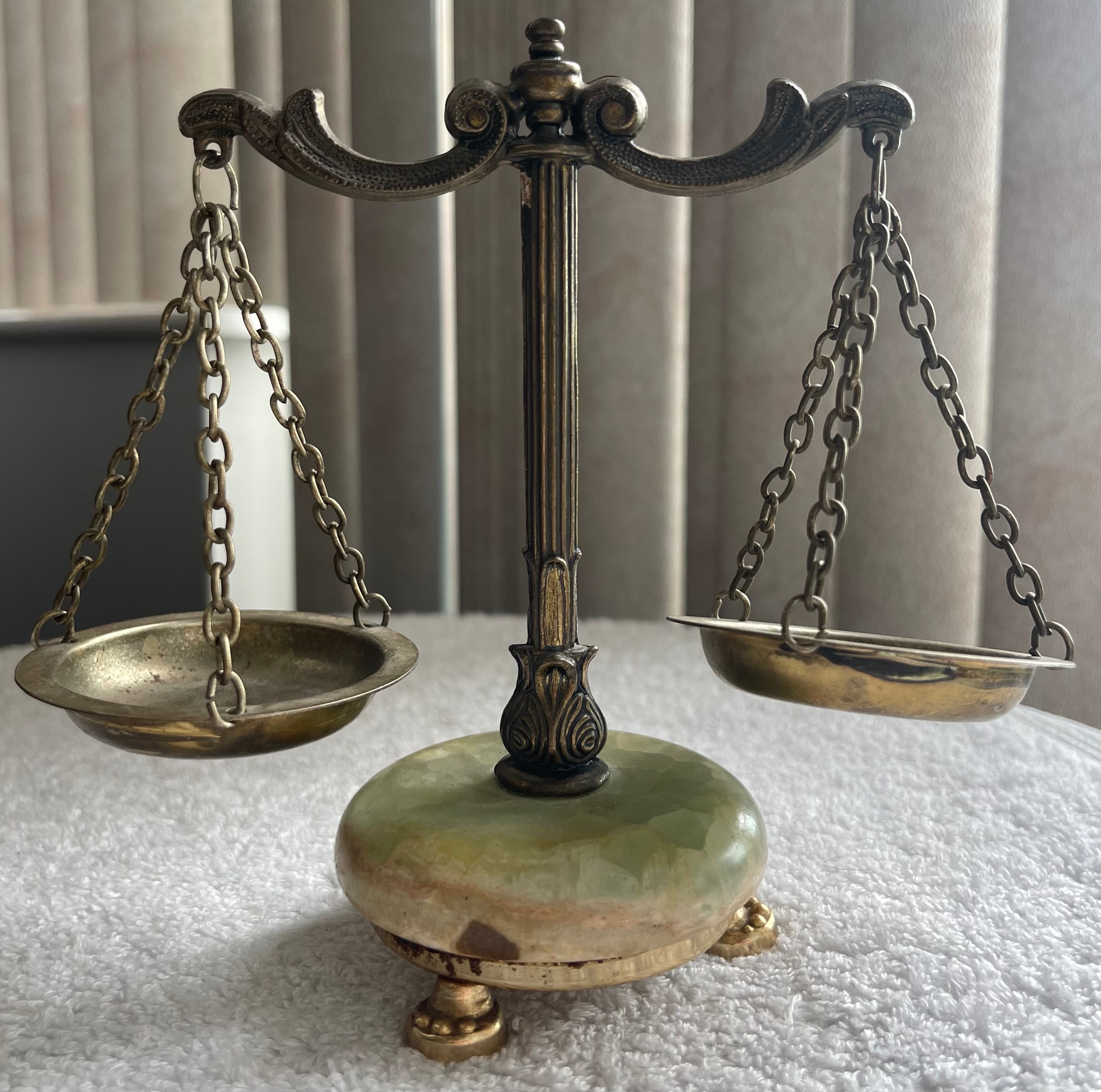Vintage Miniature Brass & Round Green Onyx Scales of Justice