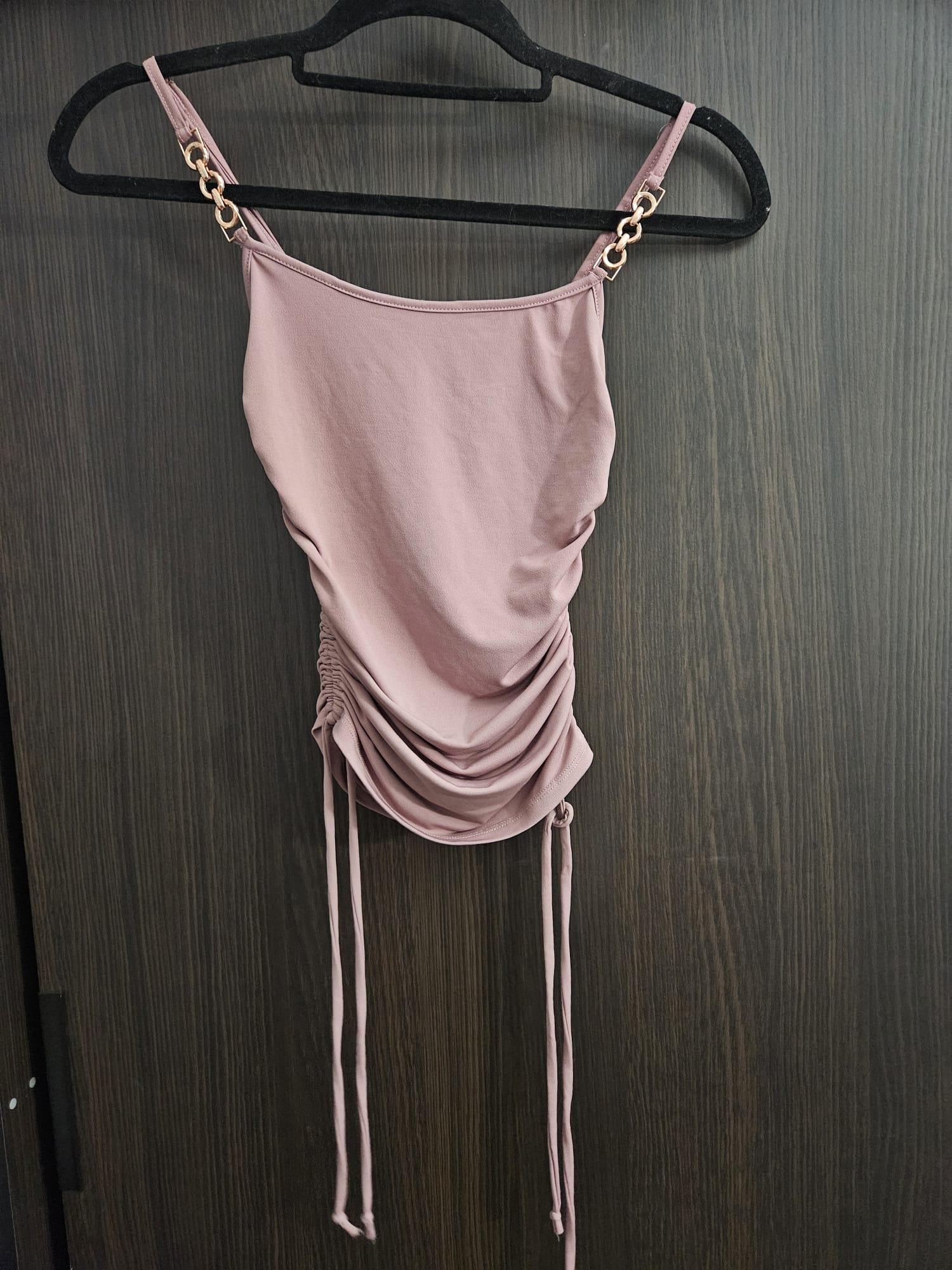 Mauve Pink Ruched Chain Strap Drawstring Crop Top