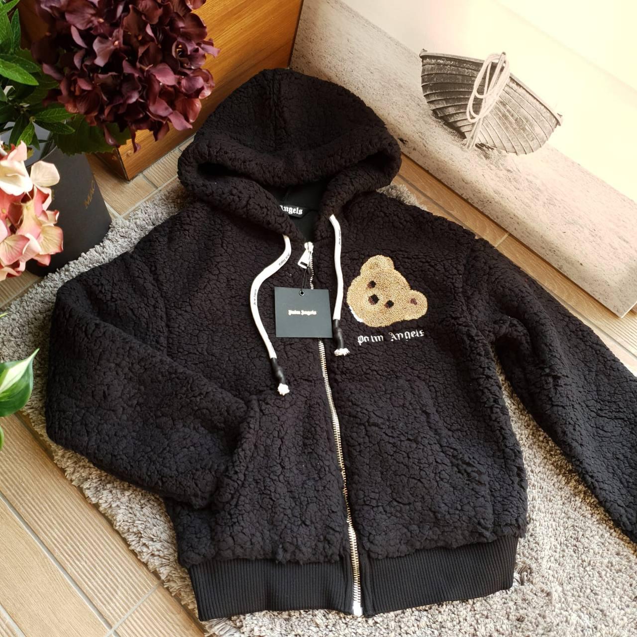 Palm Angels Black Bouclé Teddy Bear Zip Hoodie Size S