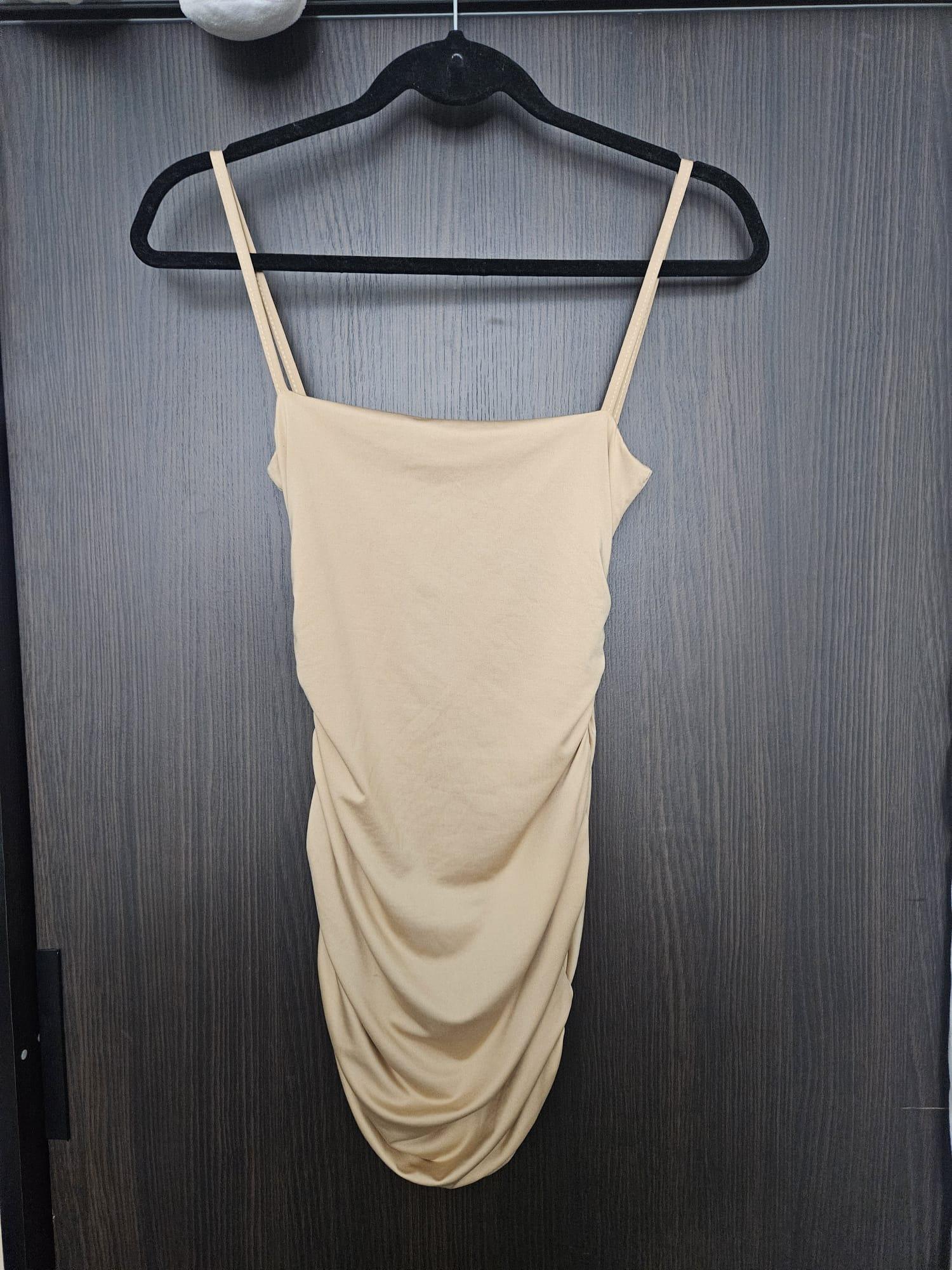 Tan Square Neck Ruched Spaghetti Strap Mini Dress