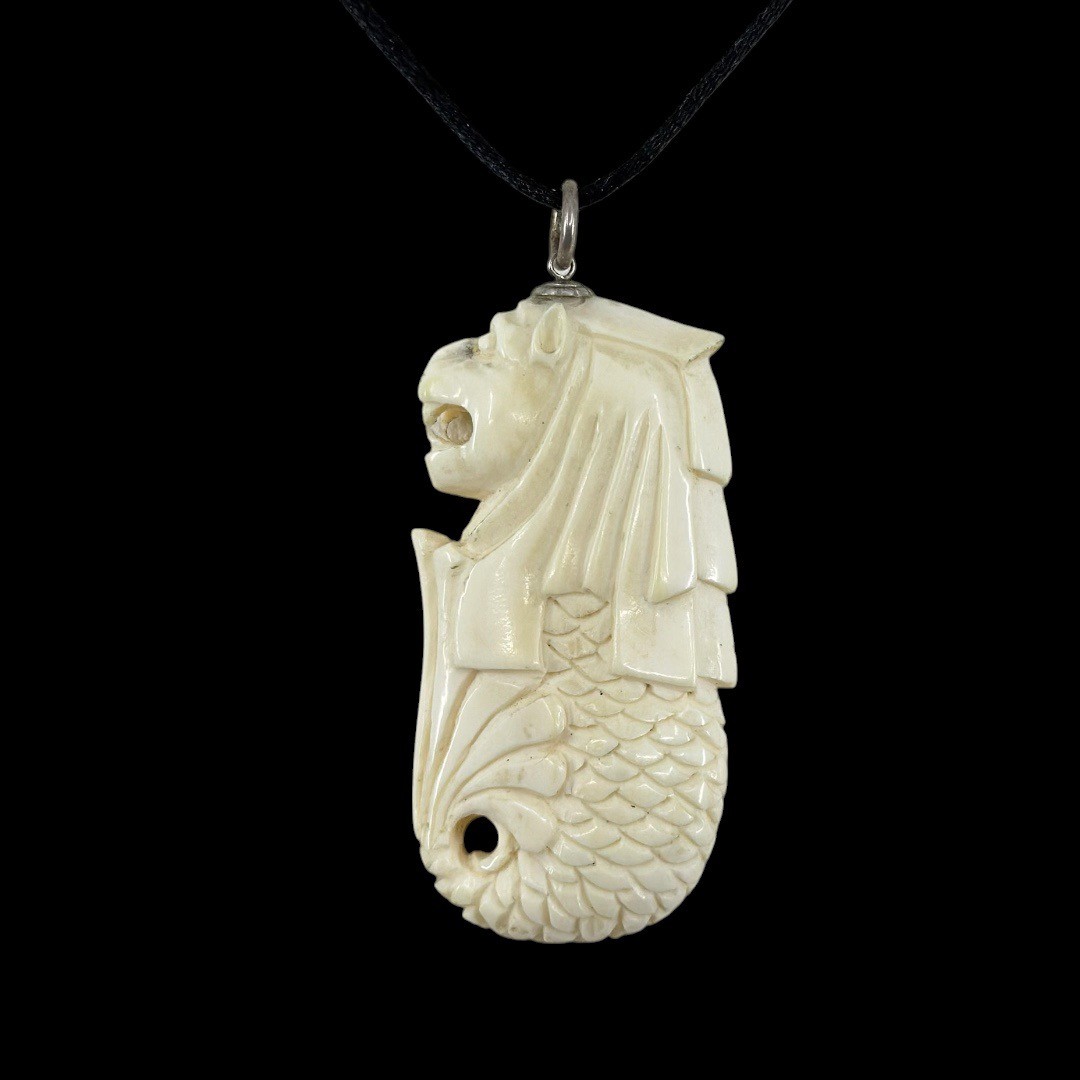 Vintage sterling silver carved bone Merlion pendant - GM1216 - photo 3
