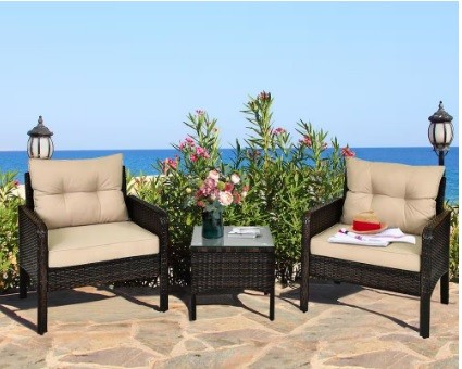 3-Piece Rattan Conversation Set with Cushions - Brown
