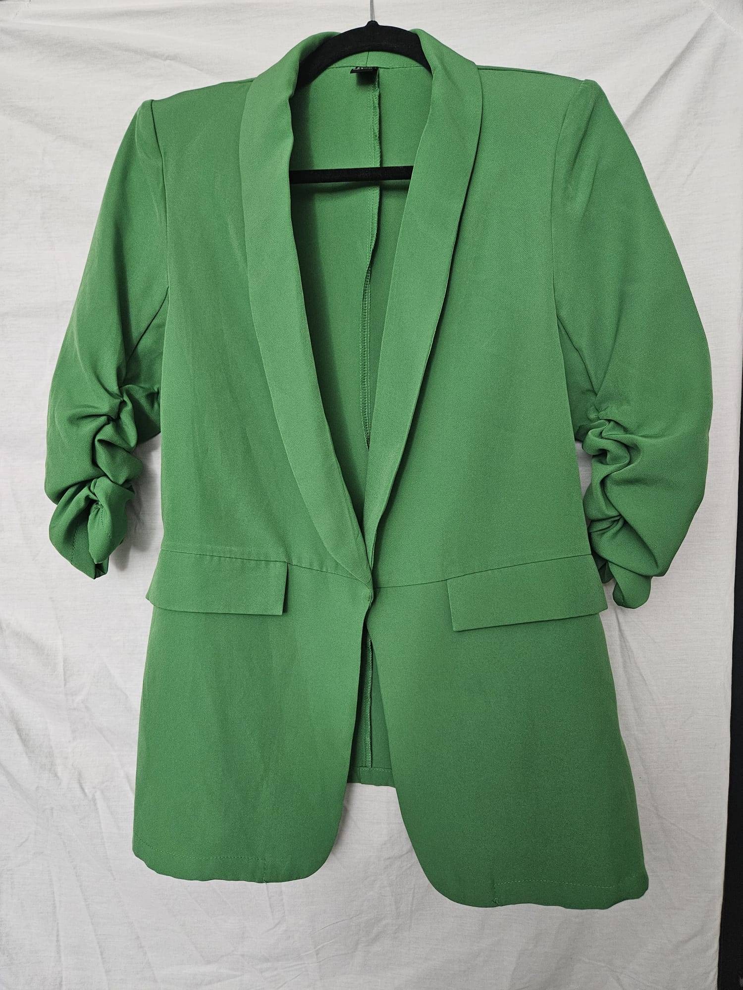 Kelly Green Ruched Sleeve Open Front Blazer