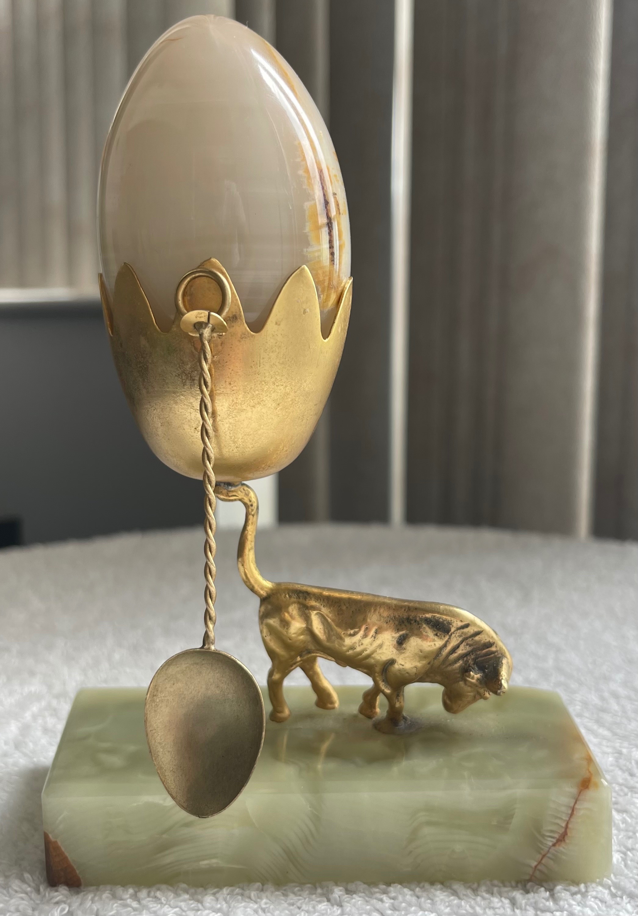Vintage Brass Ox & Heavy Solid Onyx Egg Cup with Spoon