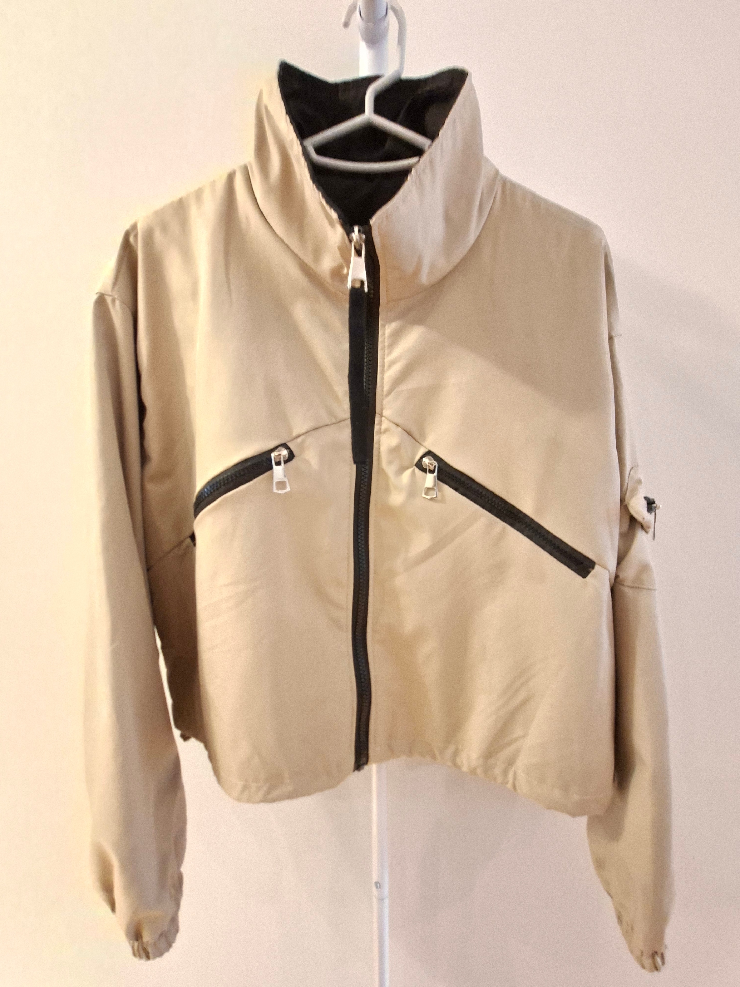 Beige Cropped Bomber Jacket
