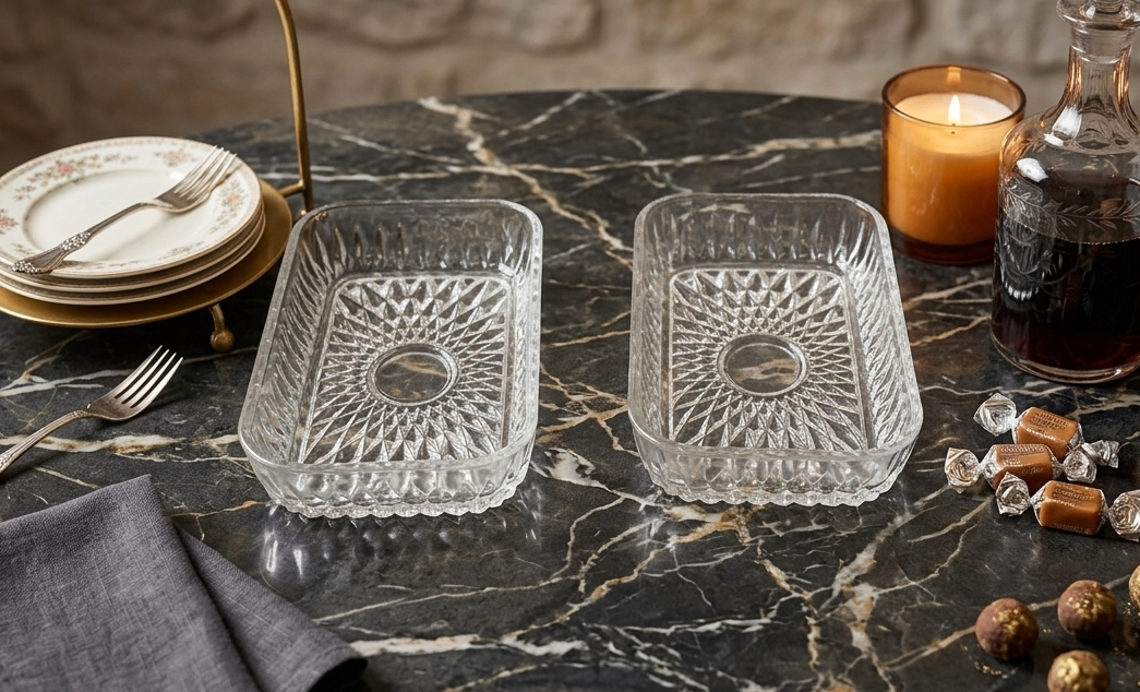Pair of Clear Diamond Point Rectangular Serving Platters