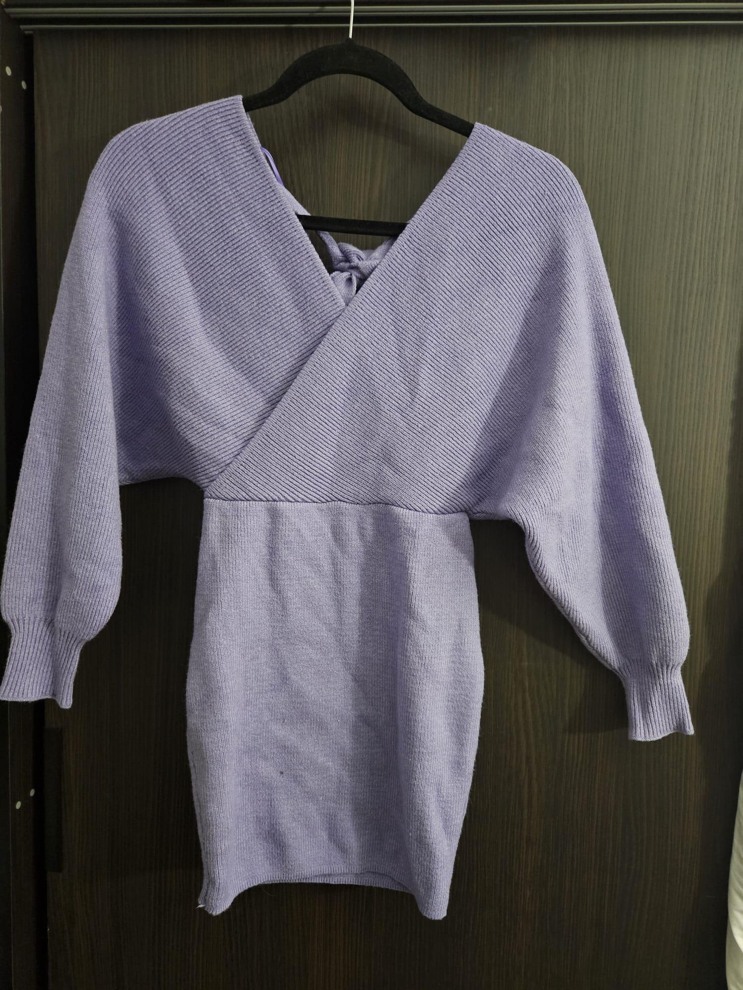 Lavender Knit Surplice Wrap Sweater Dress
