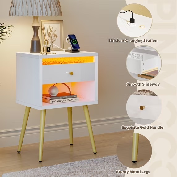 White Nightstand with LED Light and Charging Station - photo 2