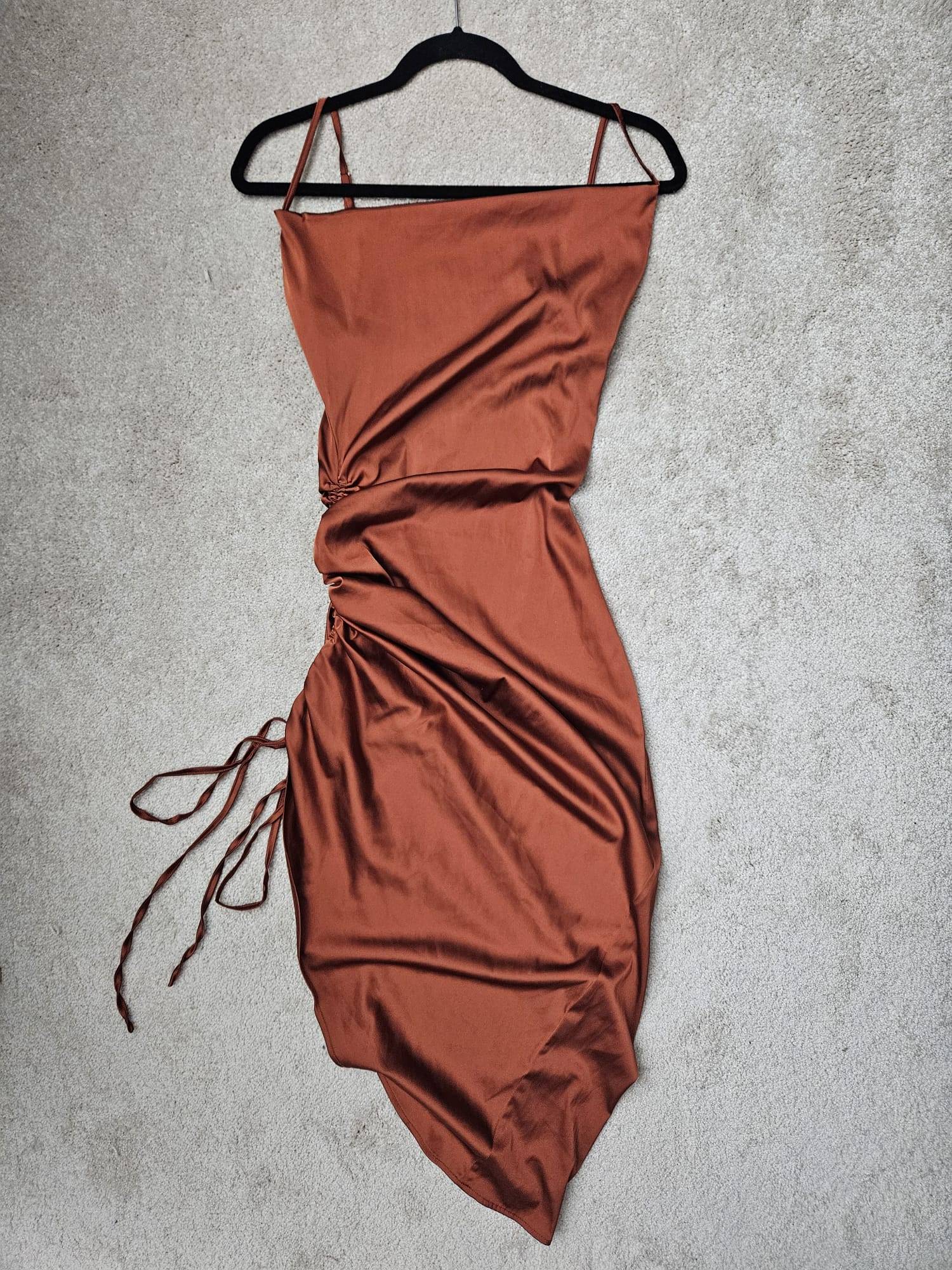 Rust Satin Cowl Neck Ruched Drawstring Mini Dress