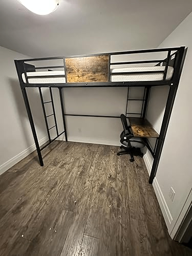 Twin Size Loft Bed with Desk and Shelf Metal Frame Rustic Brown - photo 2