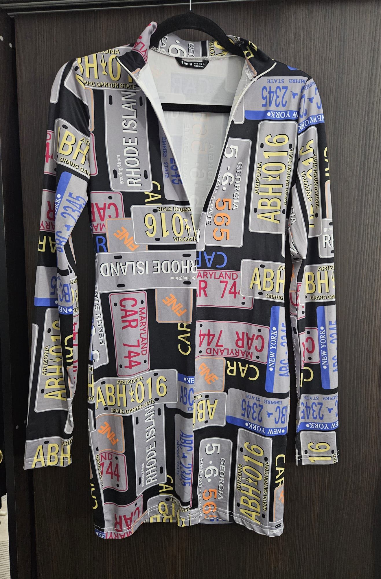 License Plate Print Zip Front Bodycon Mini Dress