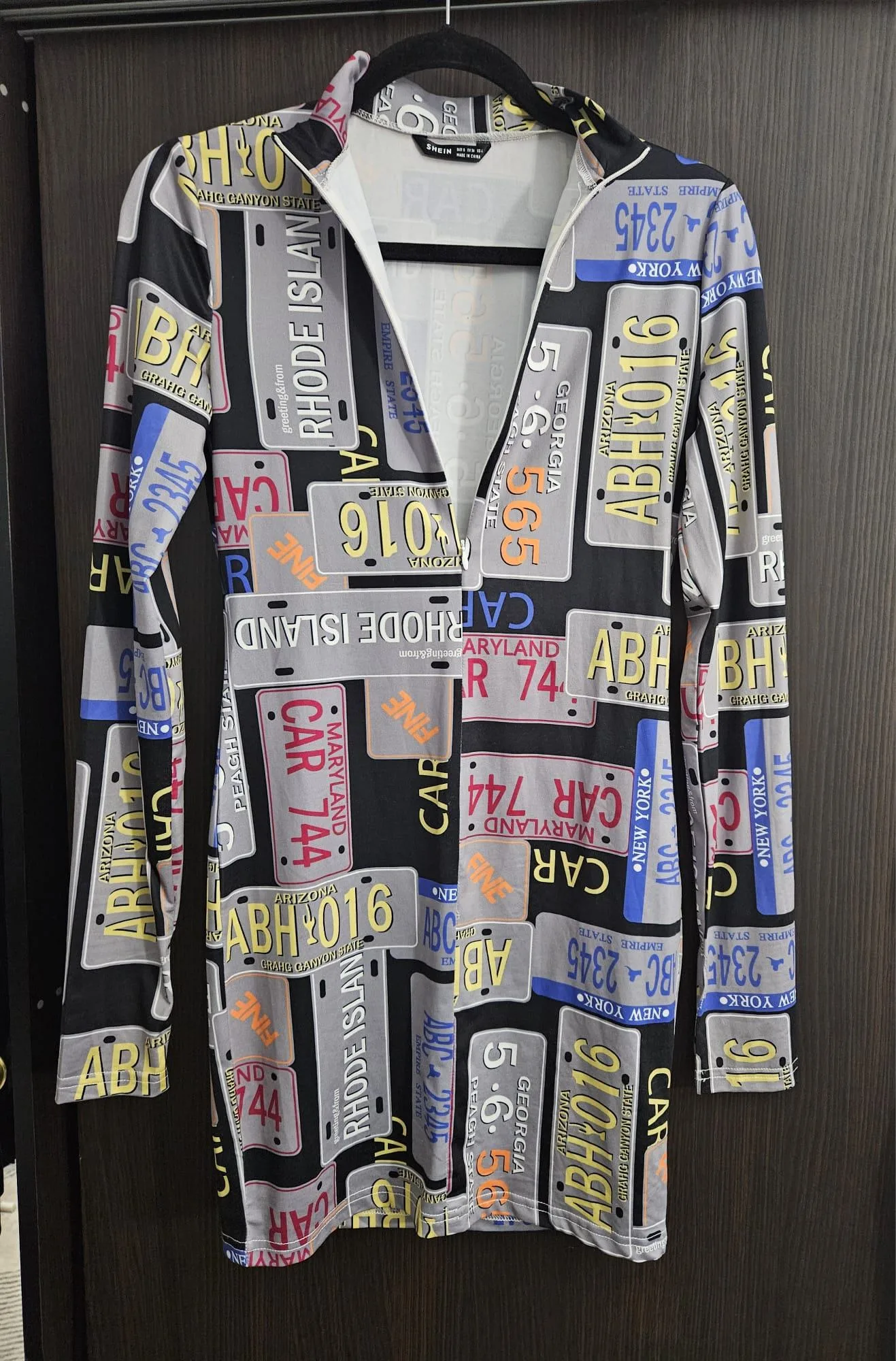 License Plate Print Zip Front Bodycon Mini Dress