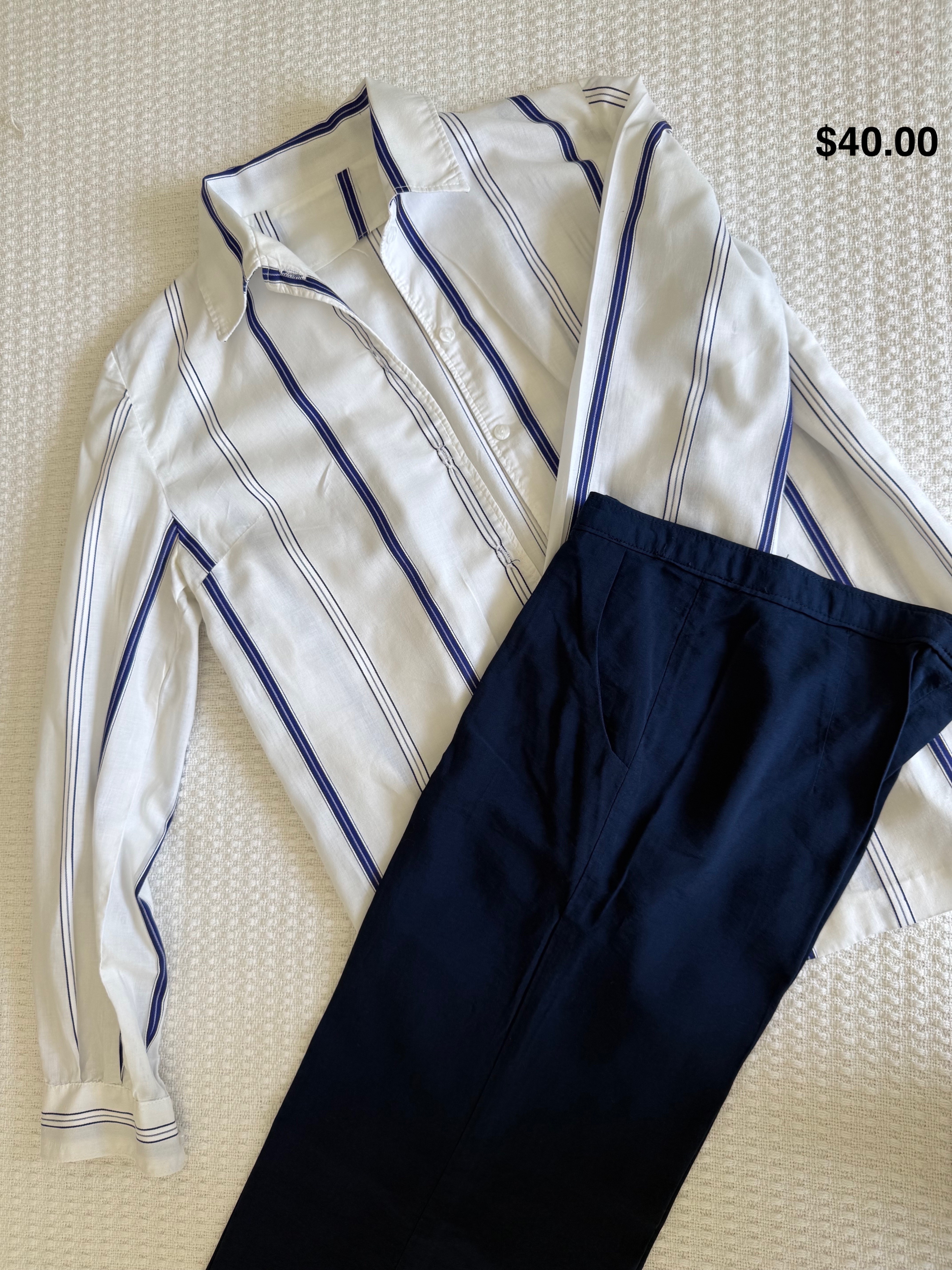 White Striped Button-Up Shirt and Navy Pants - photo 3