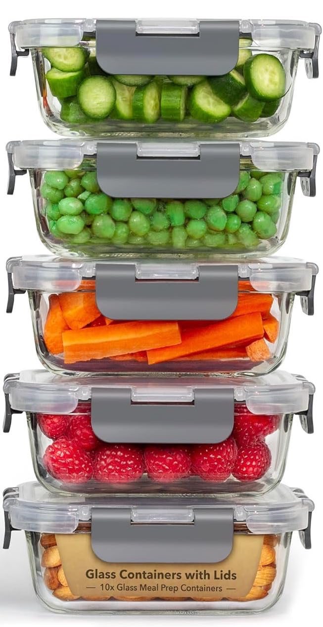 Glass leak proof food storage container, 370mL, set of 7