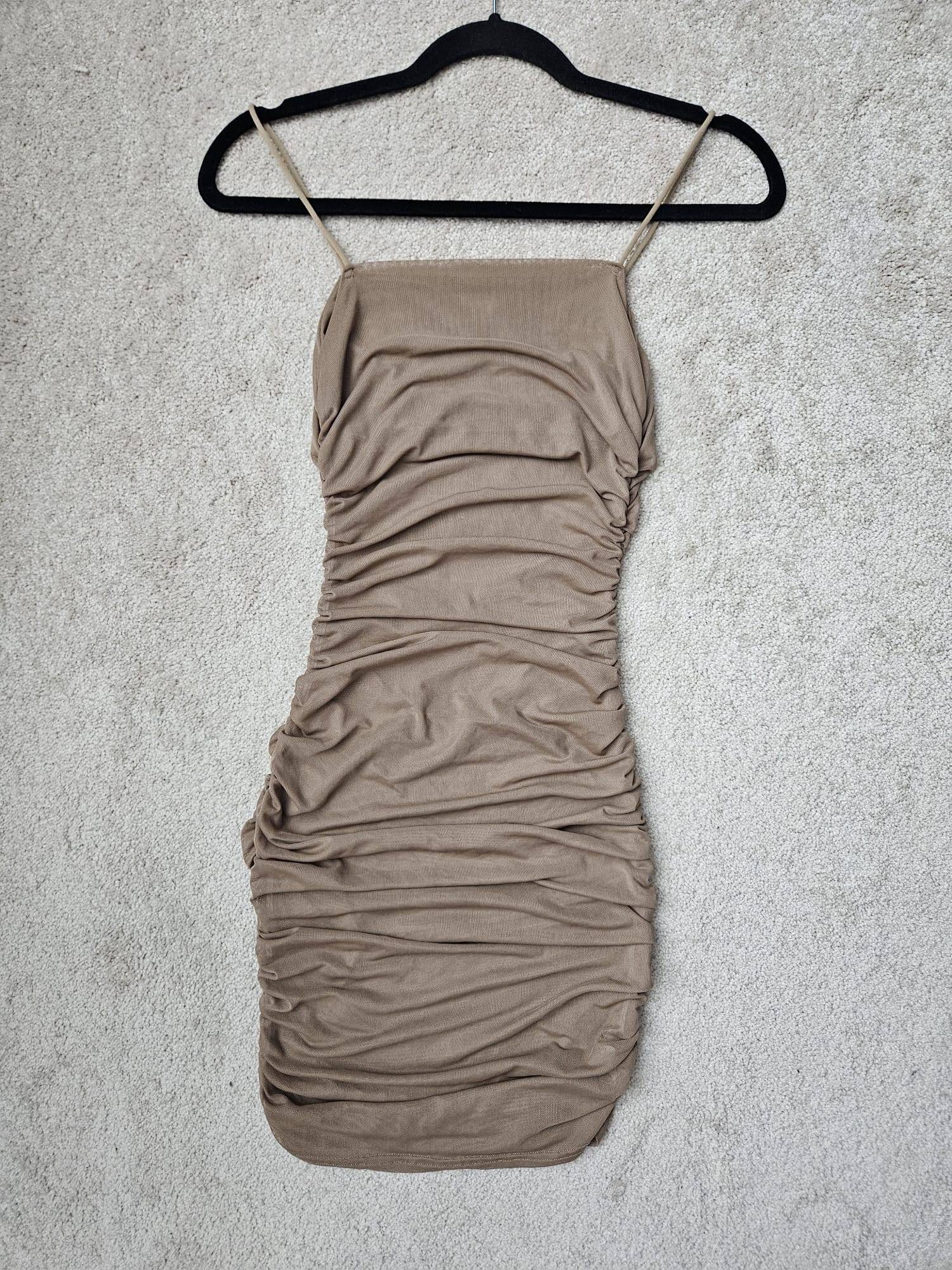 Taupe Brown Mesh Fully Ruched Bodycon Mini Dress