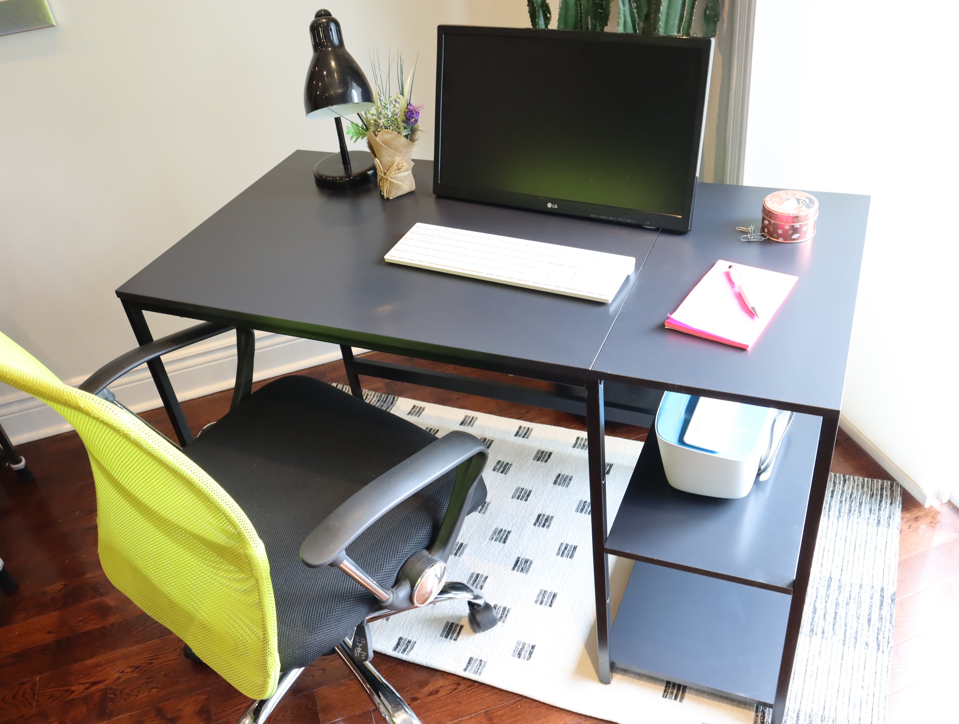 Black Desk with Side Storage and Printer Shelves