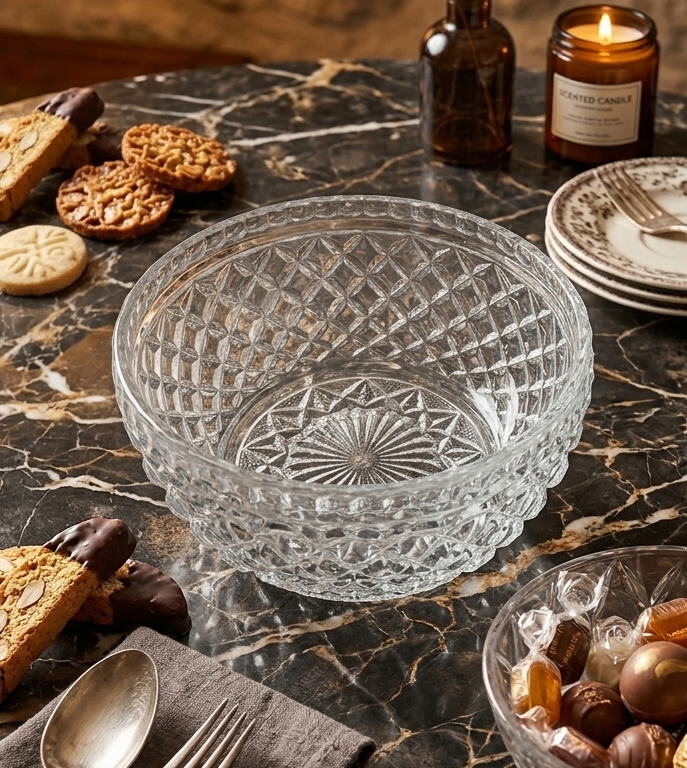 Mid-Century Clear Pressed Glass Diamond Faceted Fruit Salad Bowl