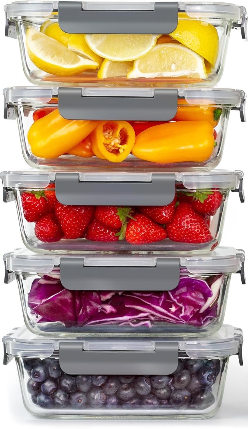 Glass leak proof food storage container, 1040mL, set of 6