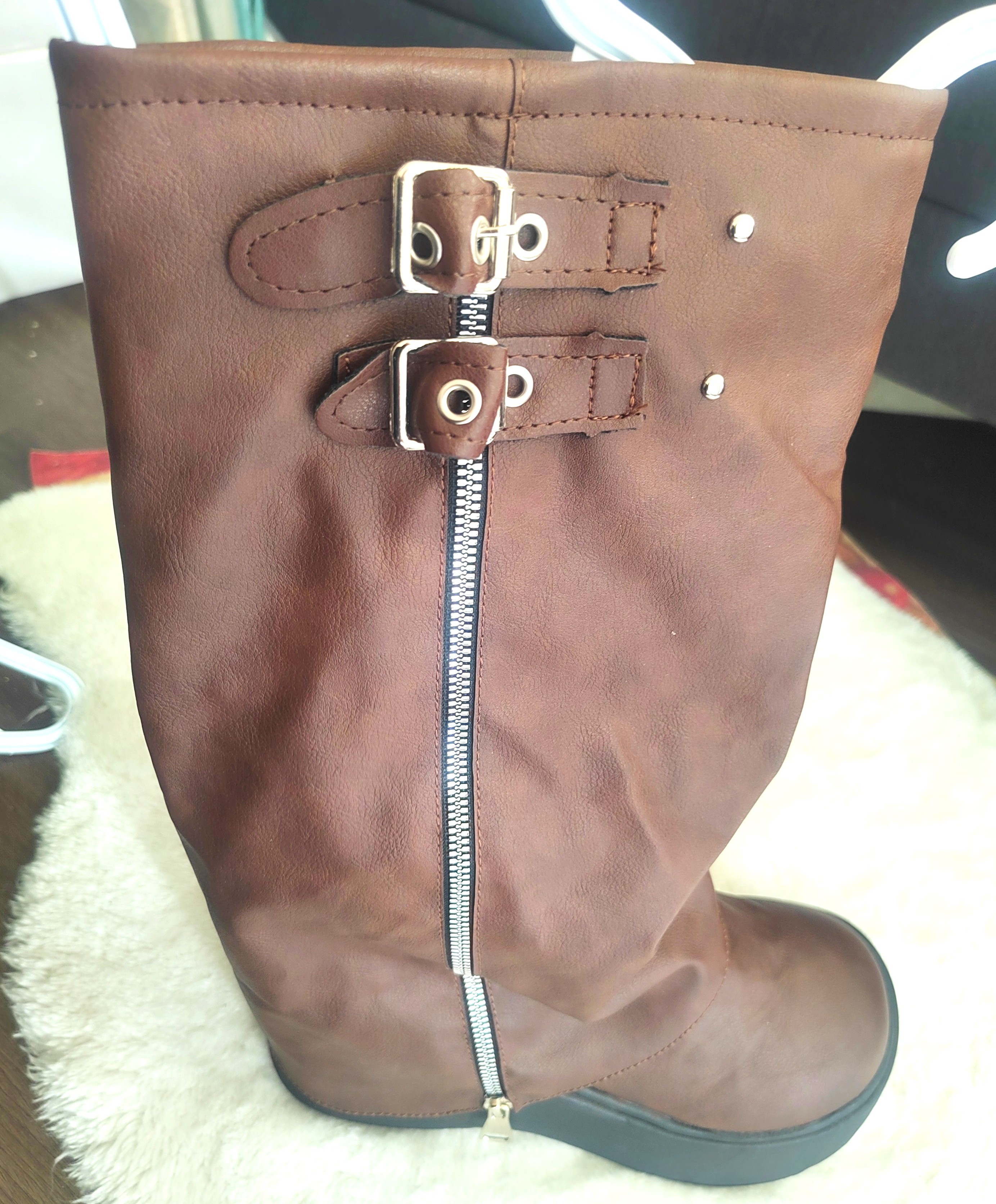 Brown Faux Leather Knee-High Boots with Zipper - photo 2
