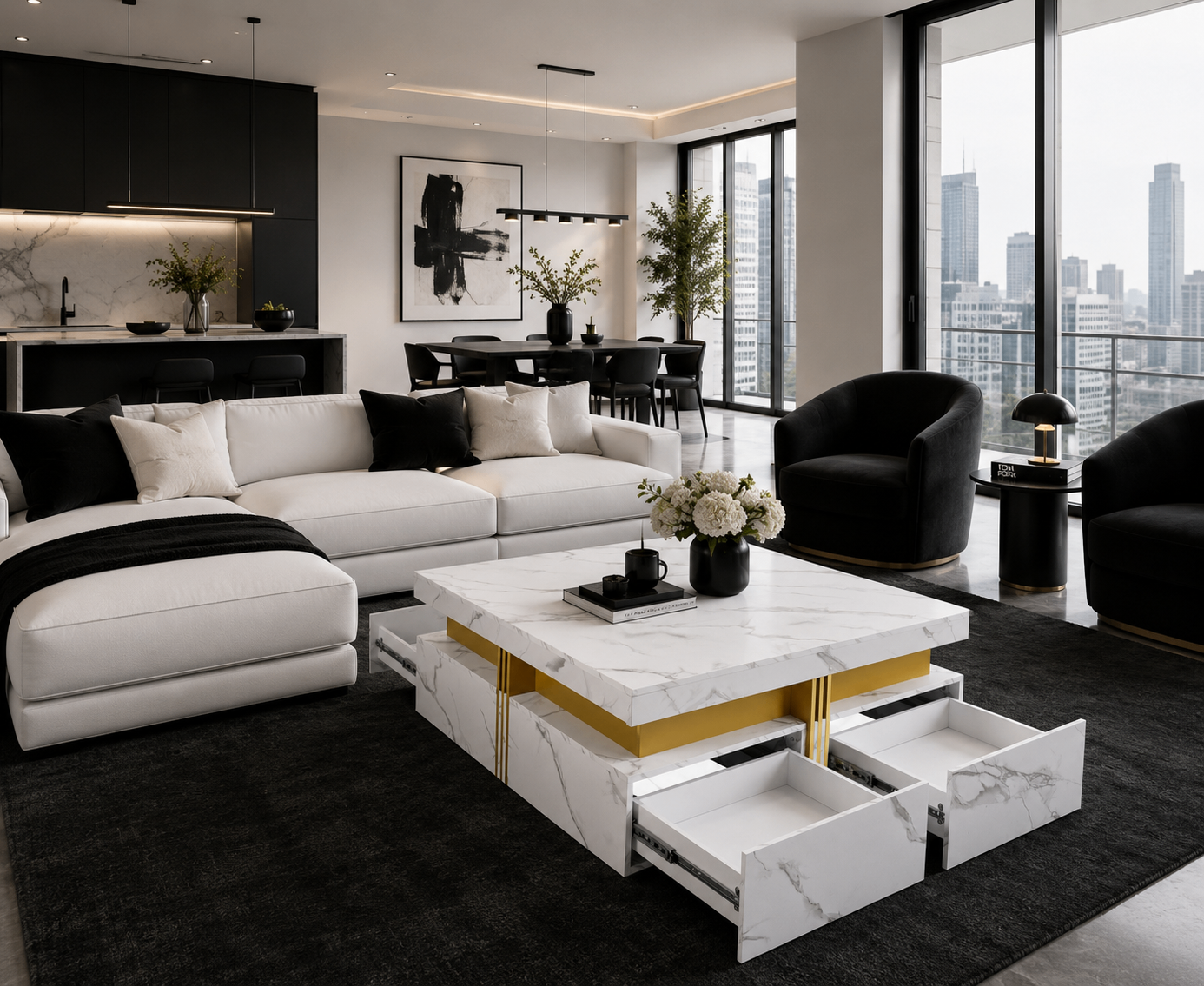 Marble Coffee Table with 4 Drawers – Modern White & Gold - photo 2