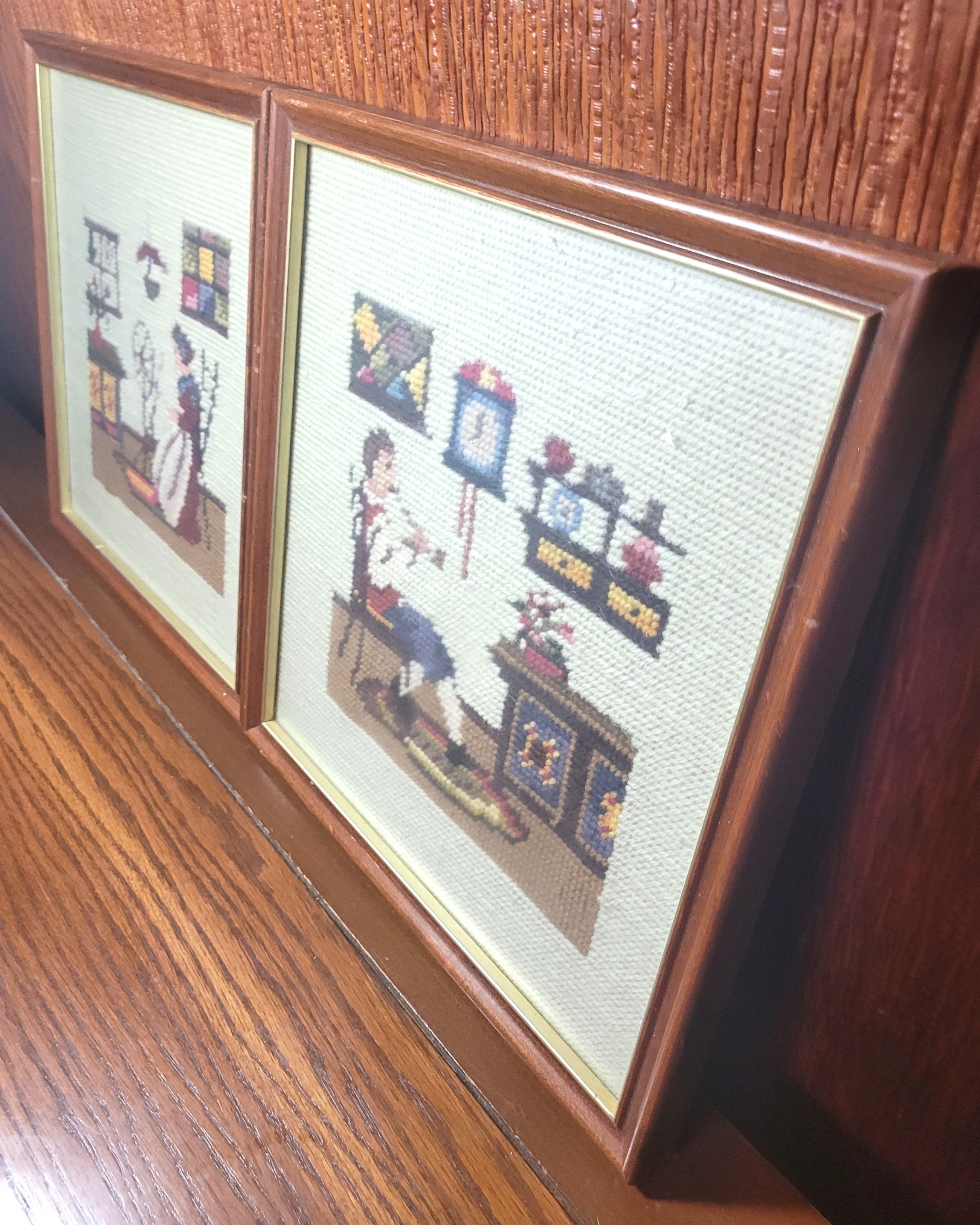 1976 Colonial Needlepoint Framed Art Pair of Framed Stitch Art