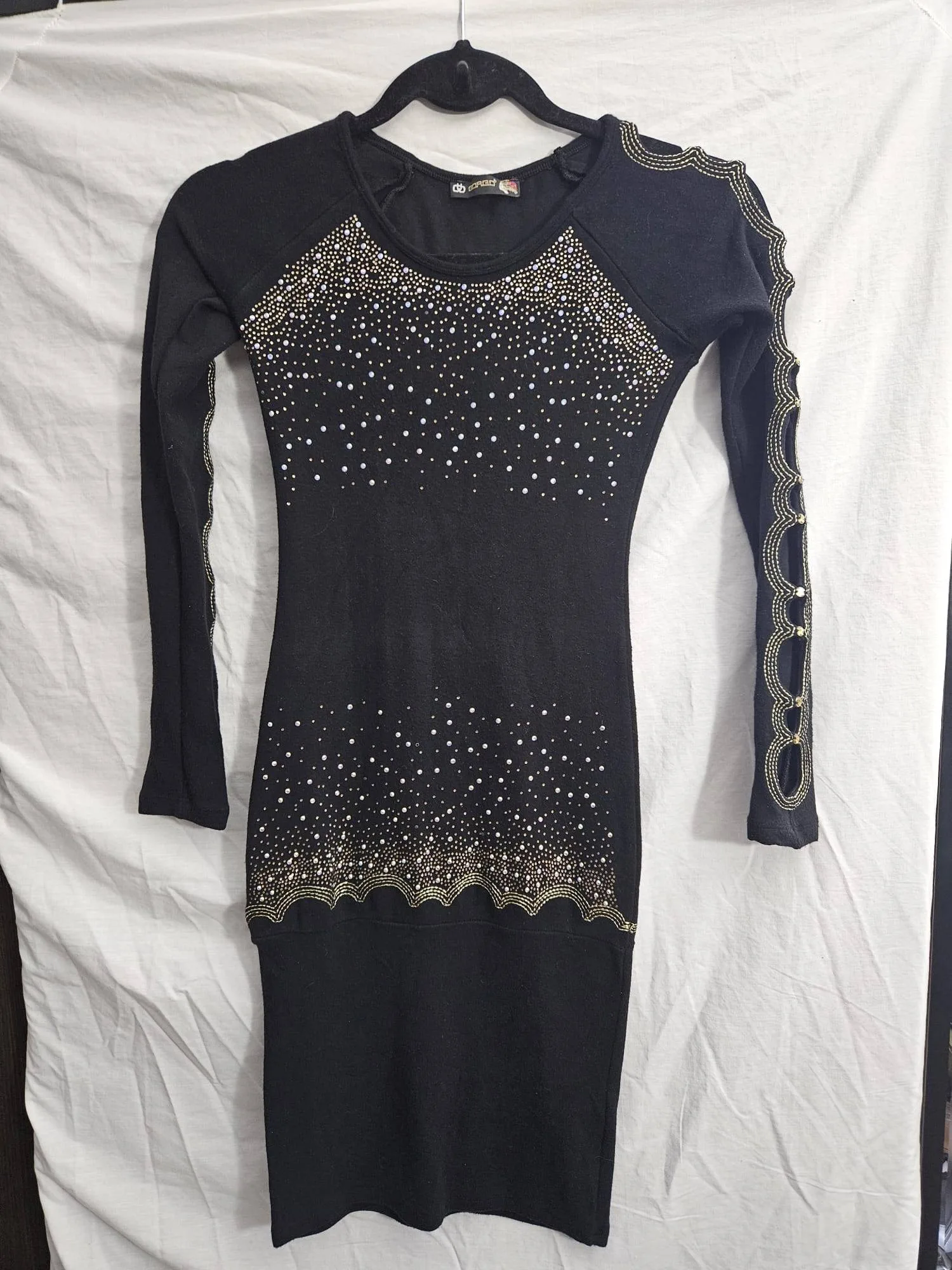 Black Gold Rhinestone Cutout Sleeve Bodycon Dress