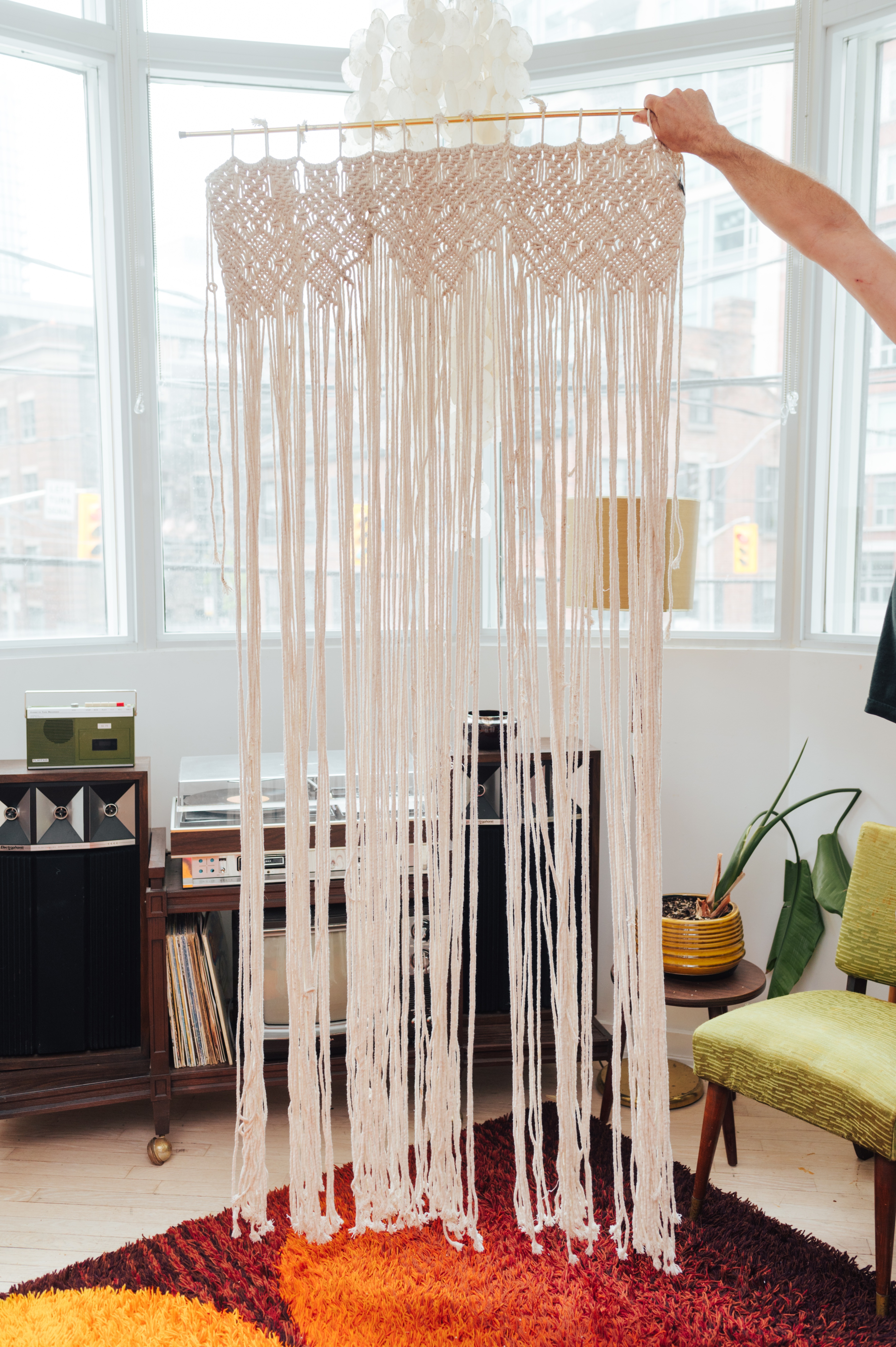1970s Macramé Hanging Divider / Wall Hanging with Brass Rod