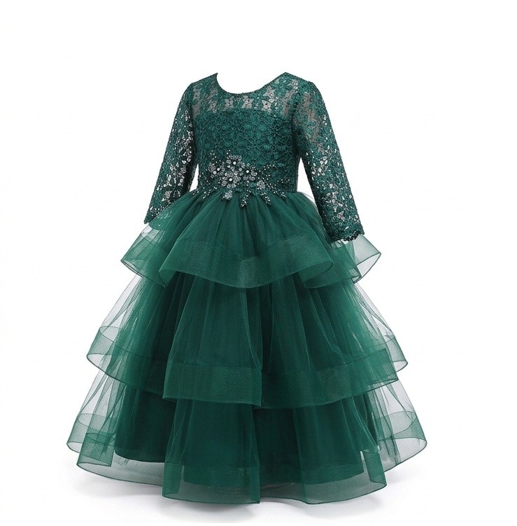 Girls' Lace Tiered Tulle Dress - Emerald Green :1016 - photo 2