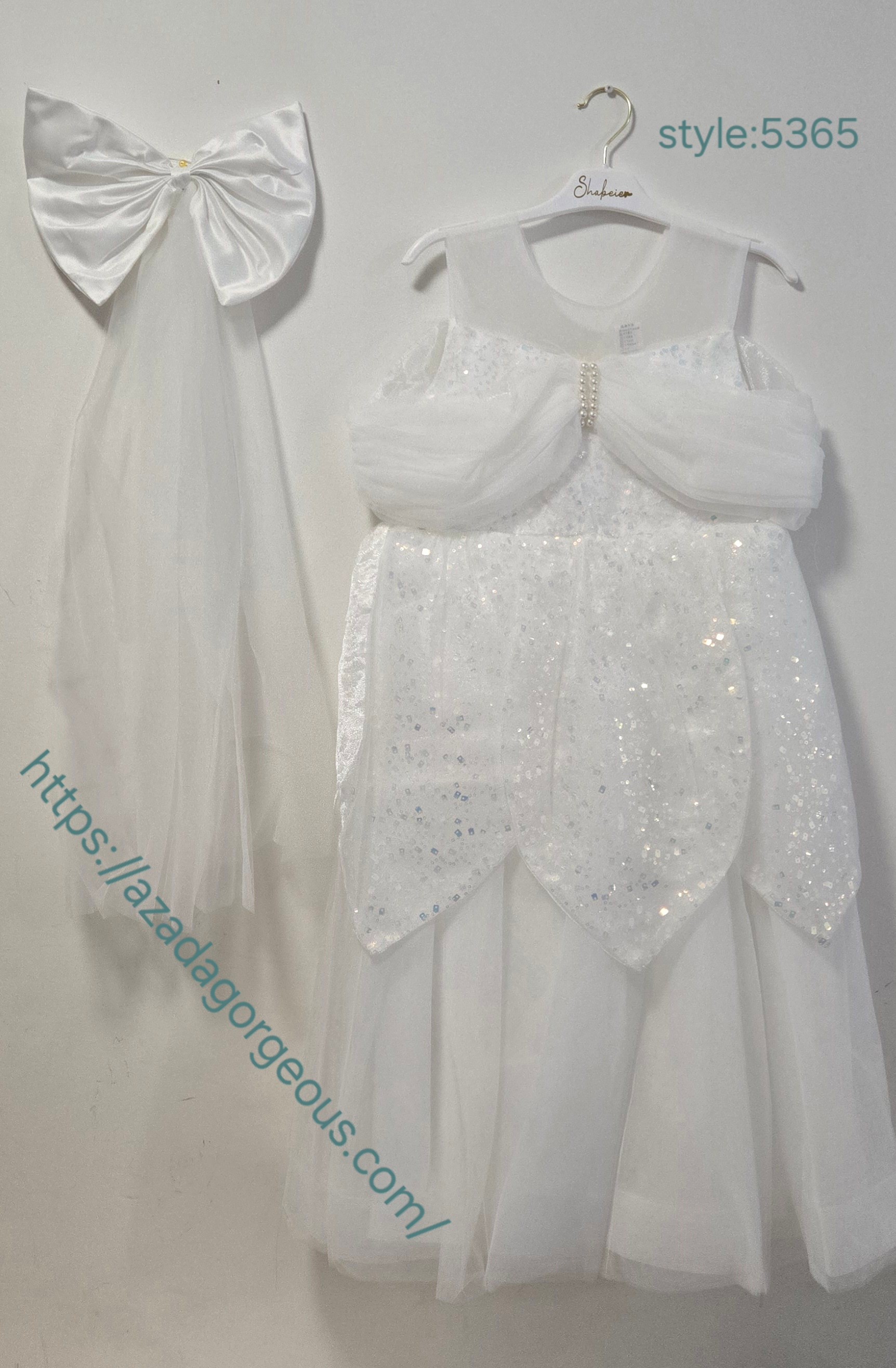 White Sequin Tulle Dress with Bow Accessory:5365