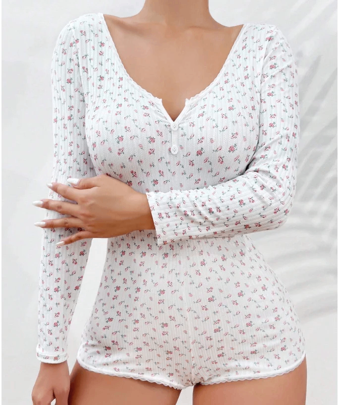 Buttoned Half-Placket Floral Romper Pajamas Long Sleeve - photo 3