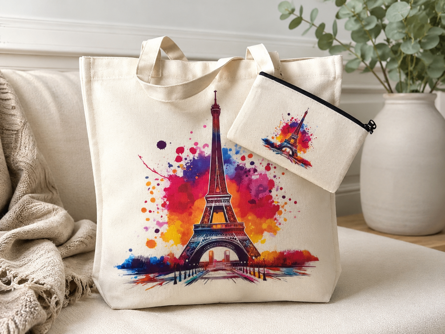 Eiffel Tower Canvas Tote Bag & Matching Zipper Pouch Set