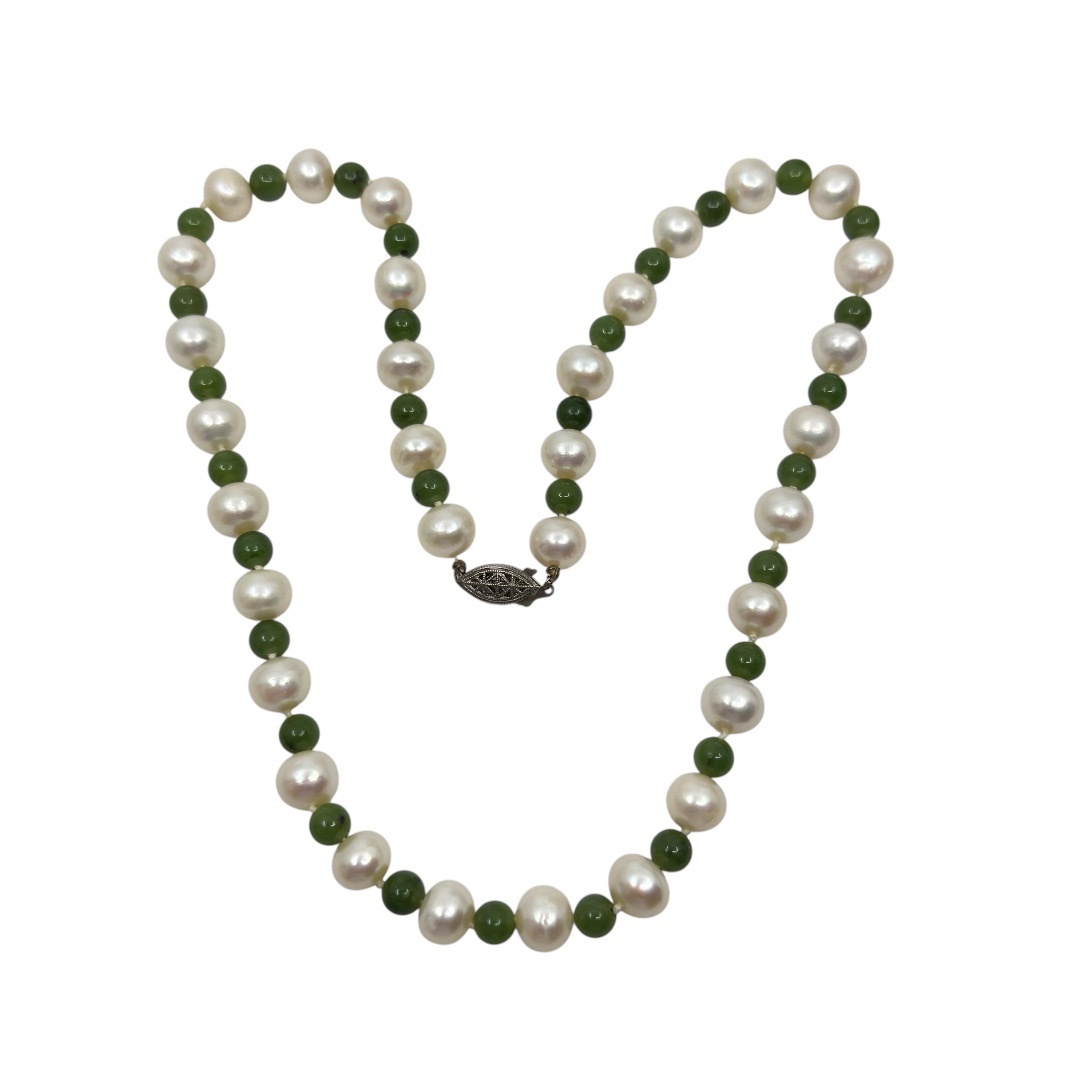Sterling silver 11.5mm  pearl & jade necklace - GM323 - photo 4