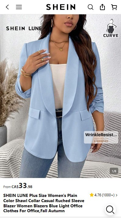 SHEIN LUNE Plus Size Shawl Collar Ruched Sleeve Blazer Blue - photo 3