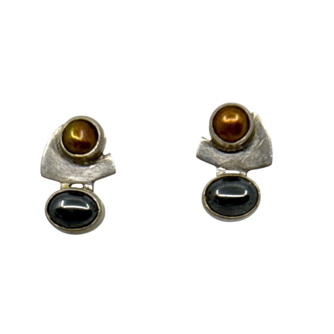 Modernist Sterling silver pearl & hematite earrings - GM337 - photo 2