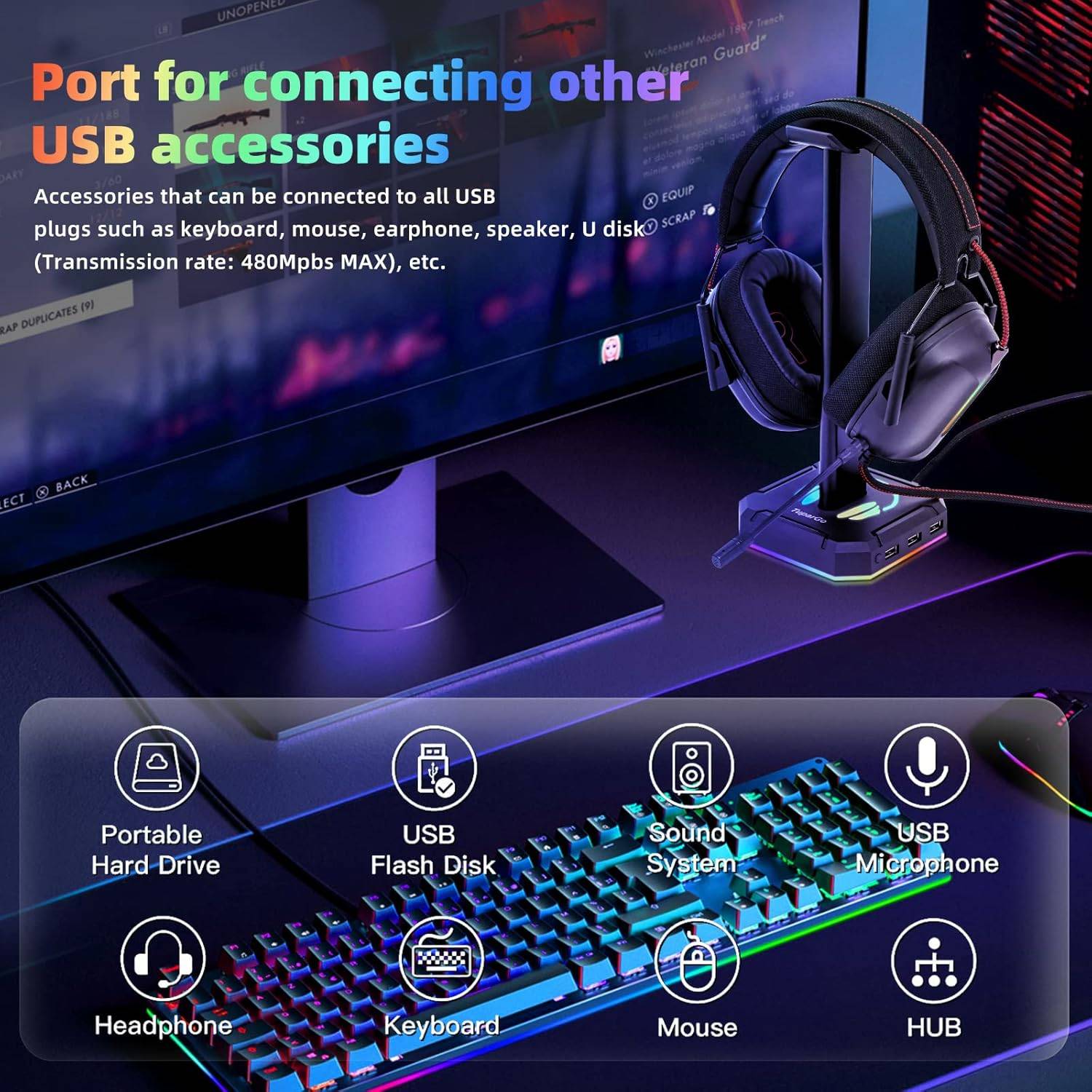 Headphone Stand RGB Lights Gaming Headset Holder with 3 USB Port - photo 2