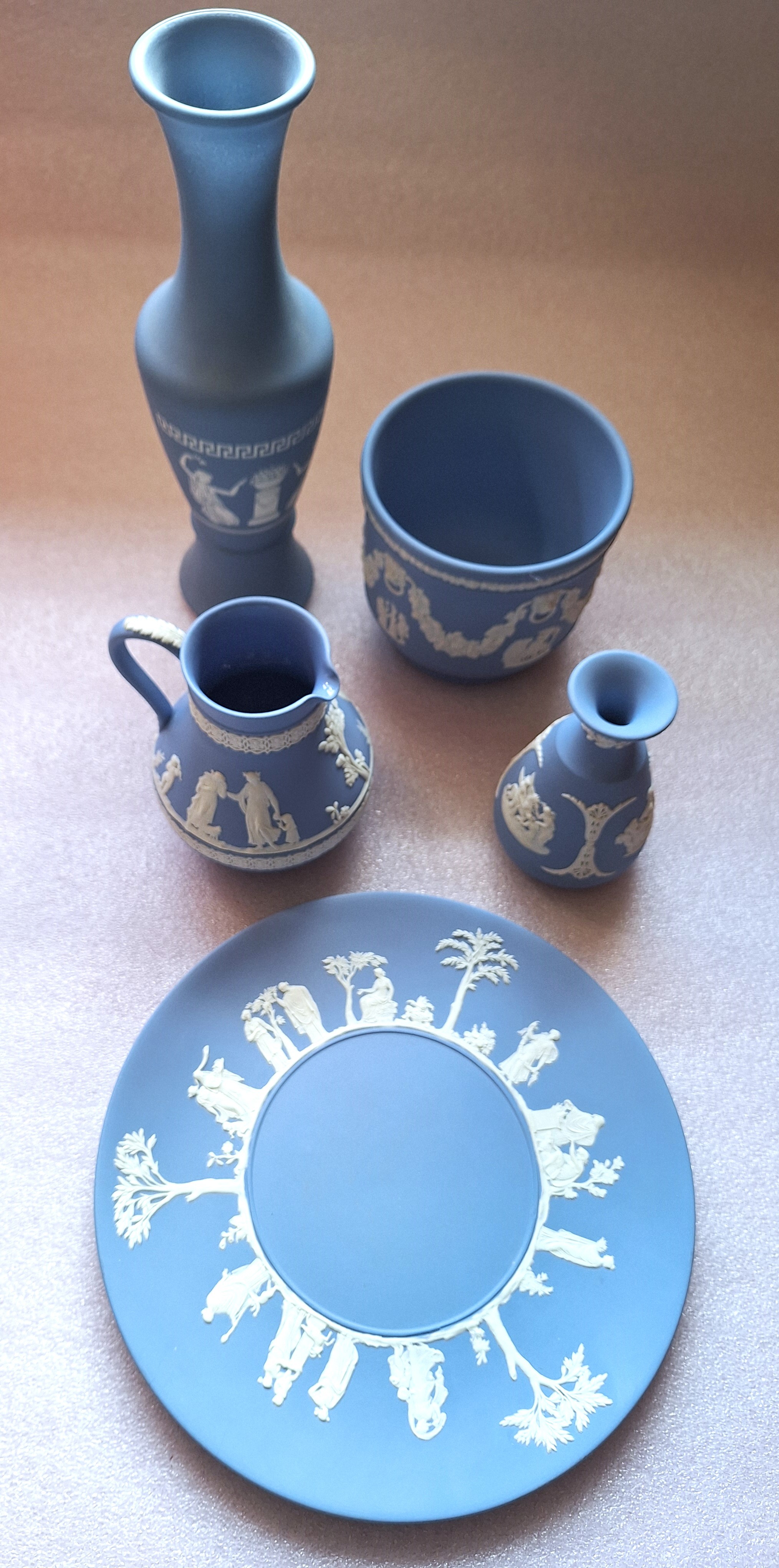 Lot of 5 Beautiful Wedgwood Blue Jasperware, Cake Plate, Vases