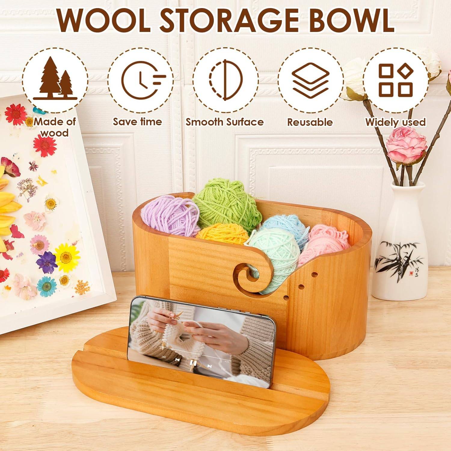 Oval Yarn Bowl Crochet Holder Wooden Yarn Bowl with Lid - photo 3
