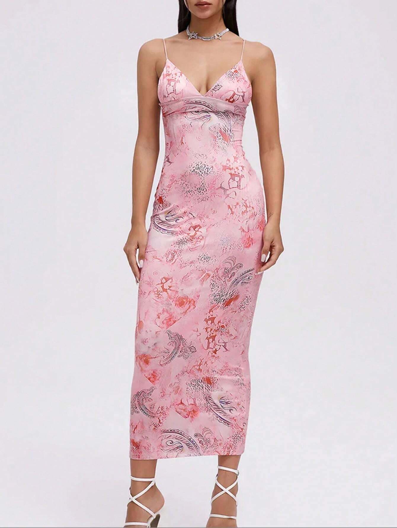 Pink Dragon Print Satin Slip Maxi Dress Summer Y2K Bodycon - photo 2