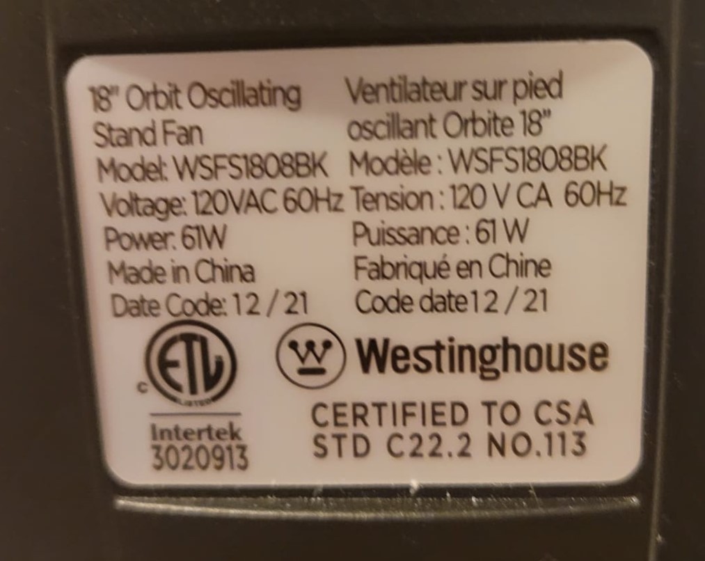 Westinghouse 18" Orbit Oscillating Stand Fan - photo 3