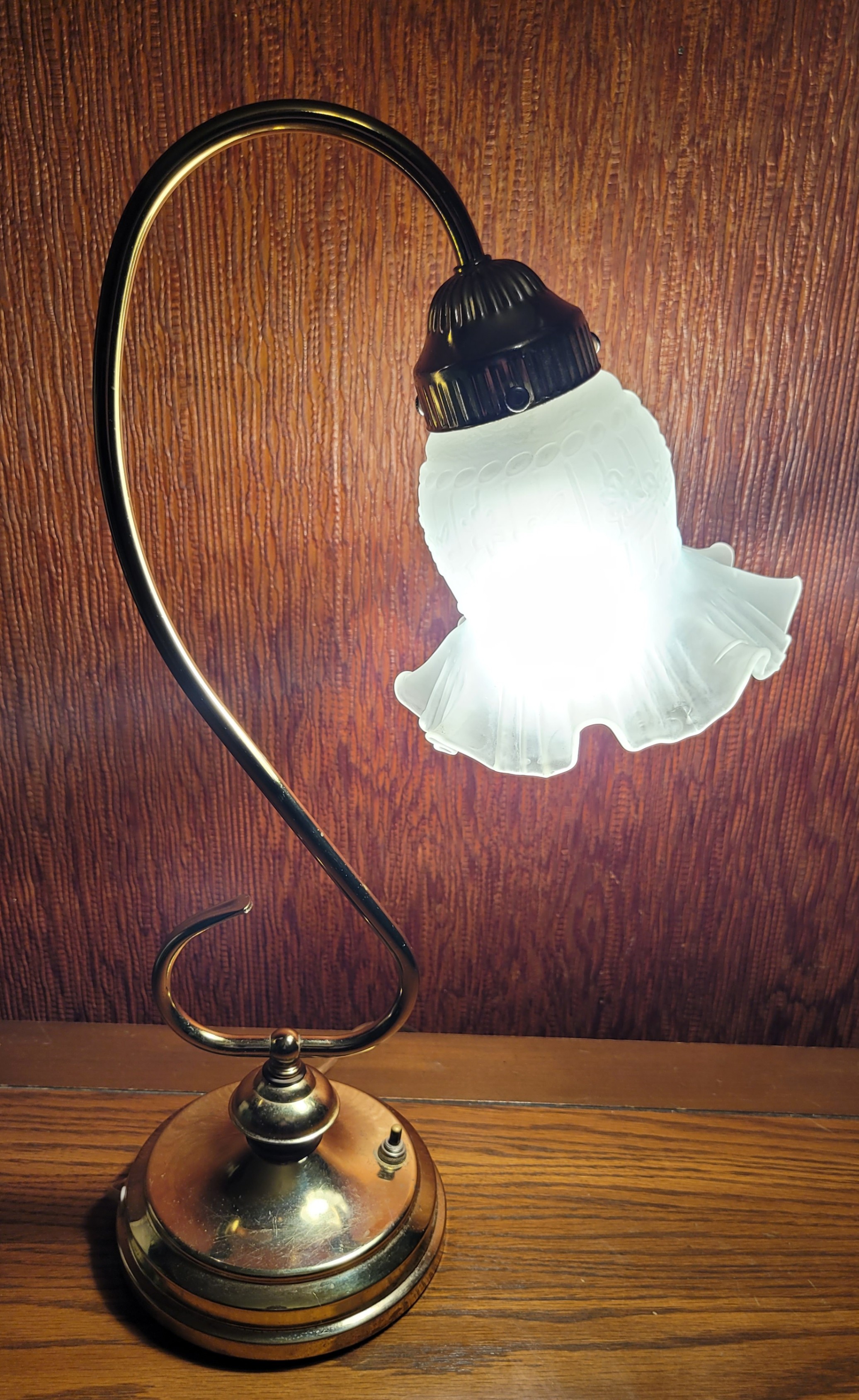 1980s Gooseneck Frosted Ruffled Glass Shade, Art Nouveau Revival