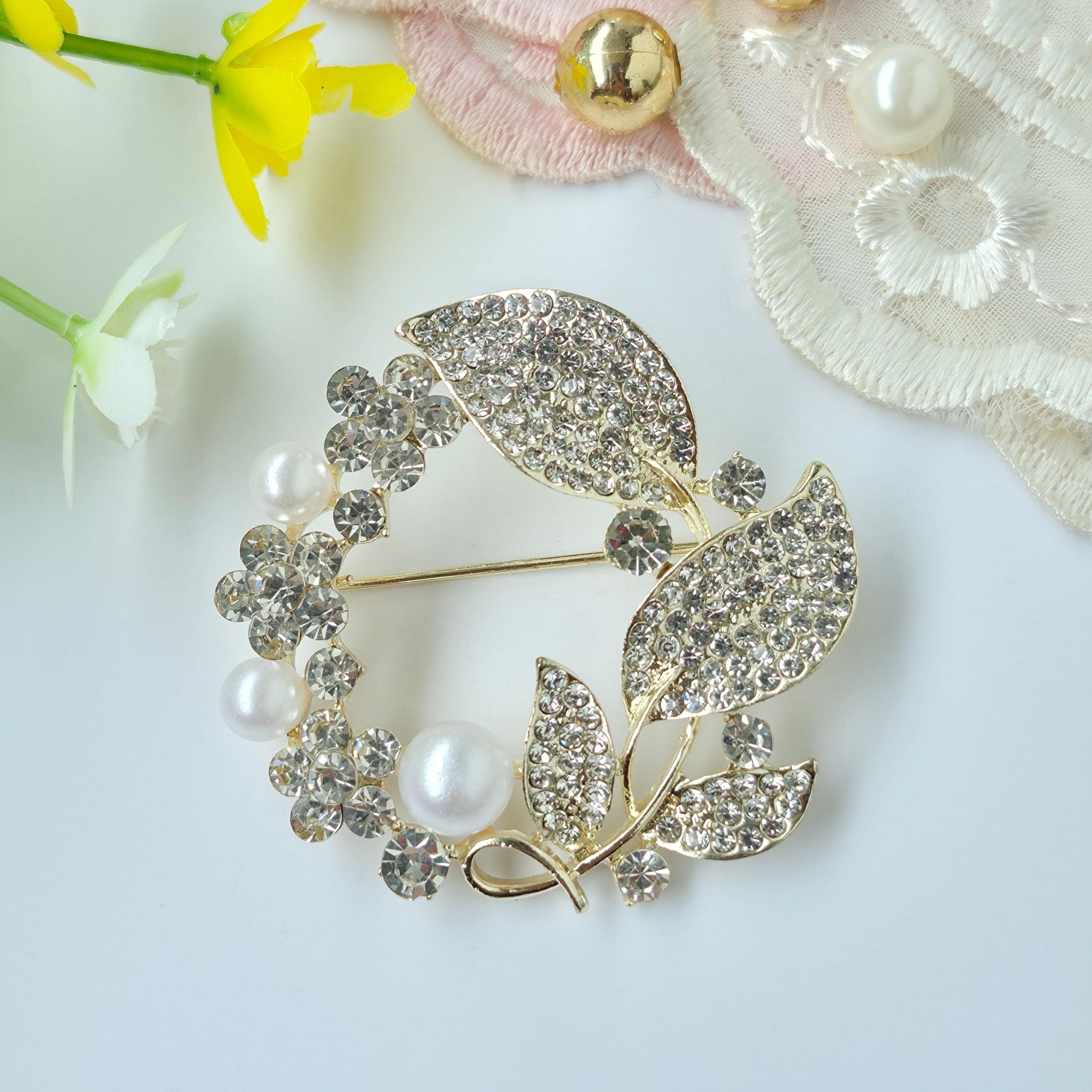 ✨ Crystal Pearl Floral Wreath Brooch by Rabloo Accessories