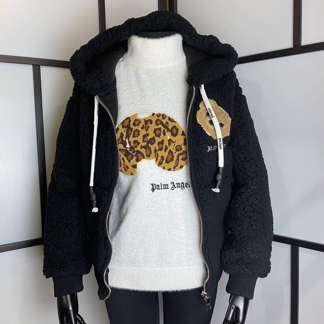 Palm Angels Black Bouclé Teddy Bear Zip Hoodie Size S - photo 5