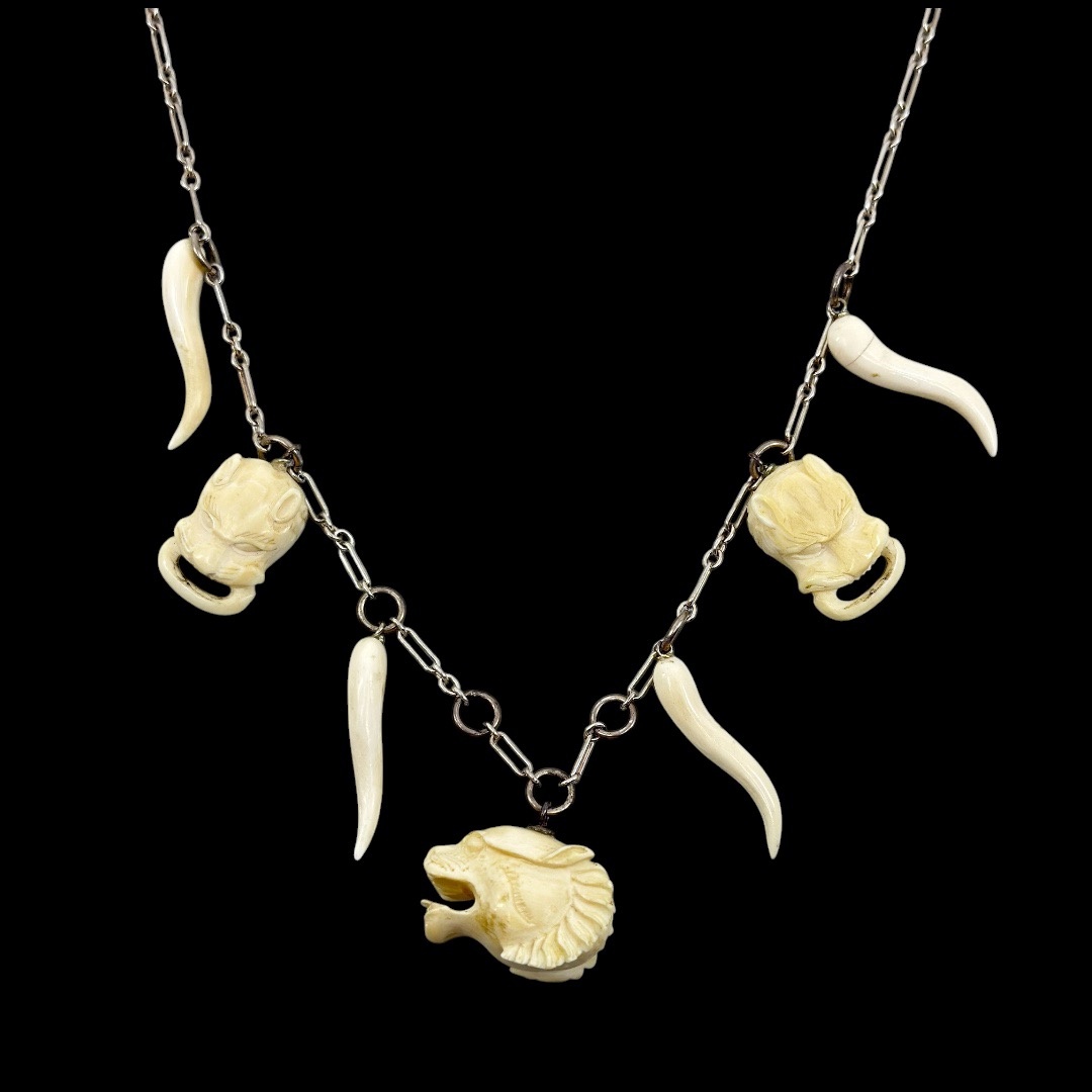 Vintage sterling silver hand carved bone charm pendant necklace