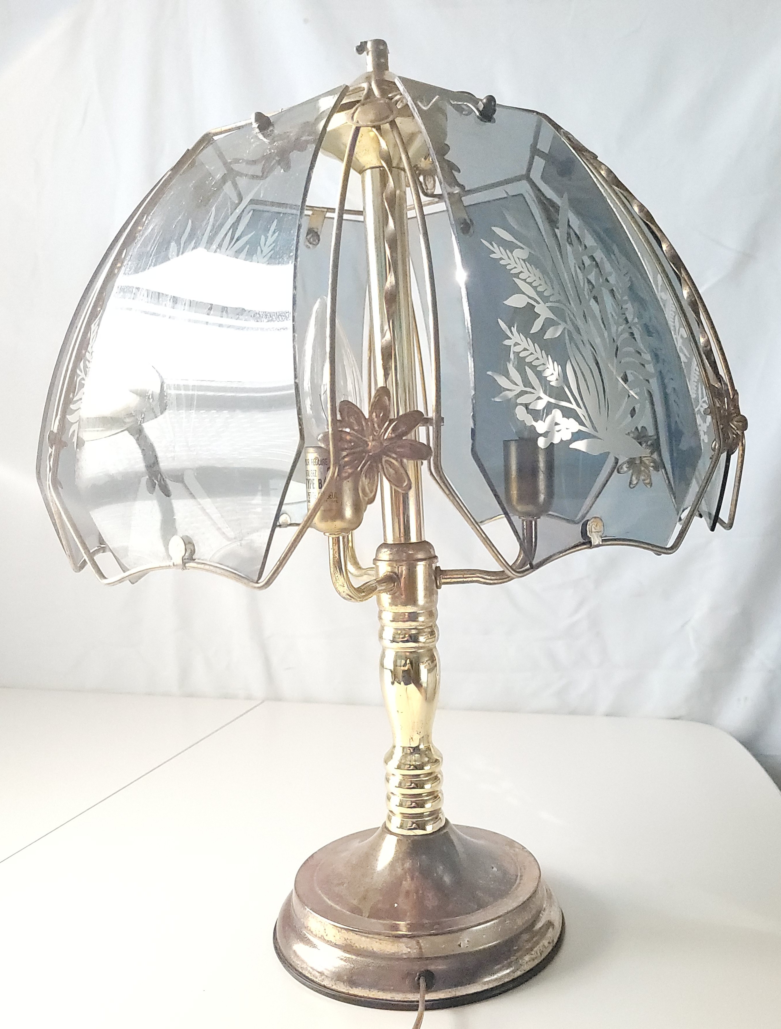 1990s 3-Way Brass Touch Lamp with Etched Floral Glass Panels